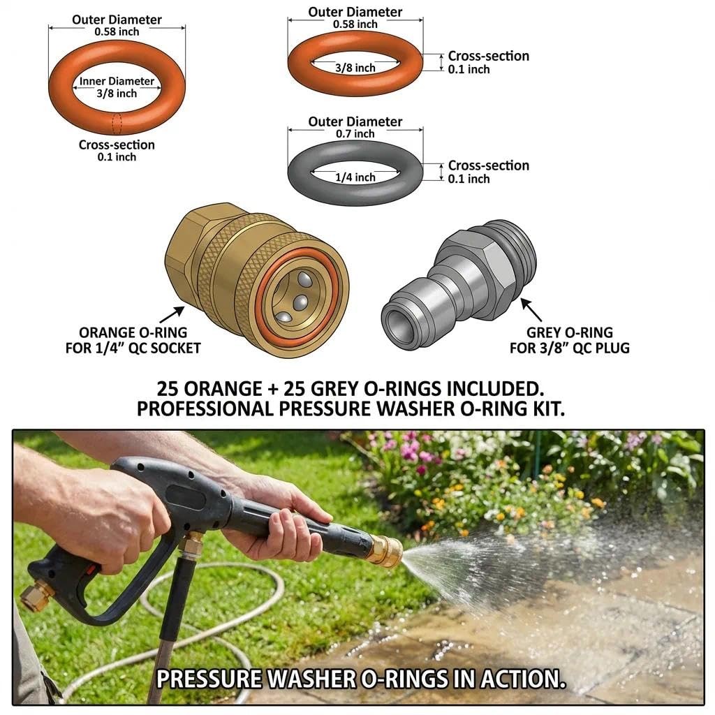 1/4″ 3/8” Pressure Washer Quick Coulper QD Colored O-Rings(25Orange+25Grey)