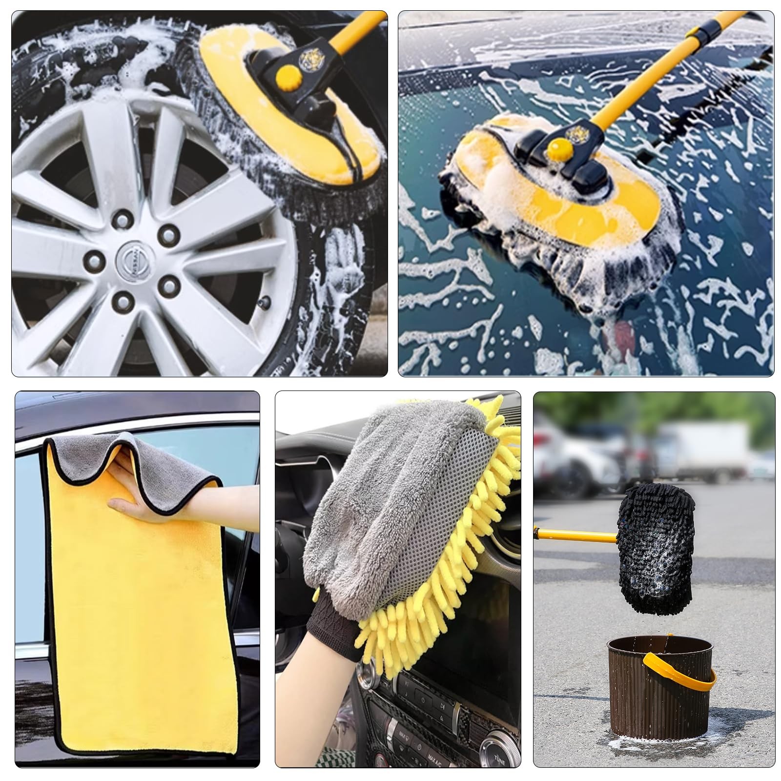 NEZENO 57” Car Wash Brush with Long Handle 23.2 to 43.3 inches, Yellow