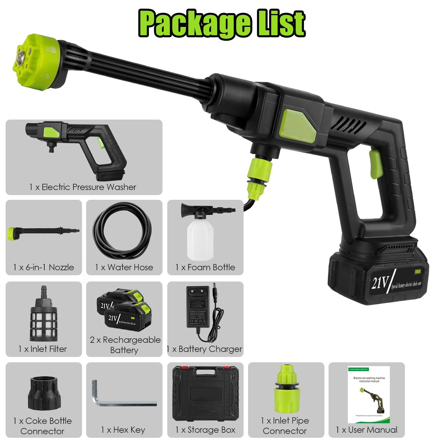 Cordless Pressure Washer 435PSI 21V 15000mAh 6-in-1 Nozzle Foam Bottle Portable