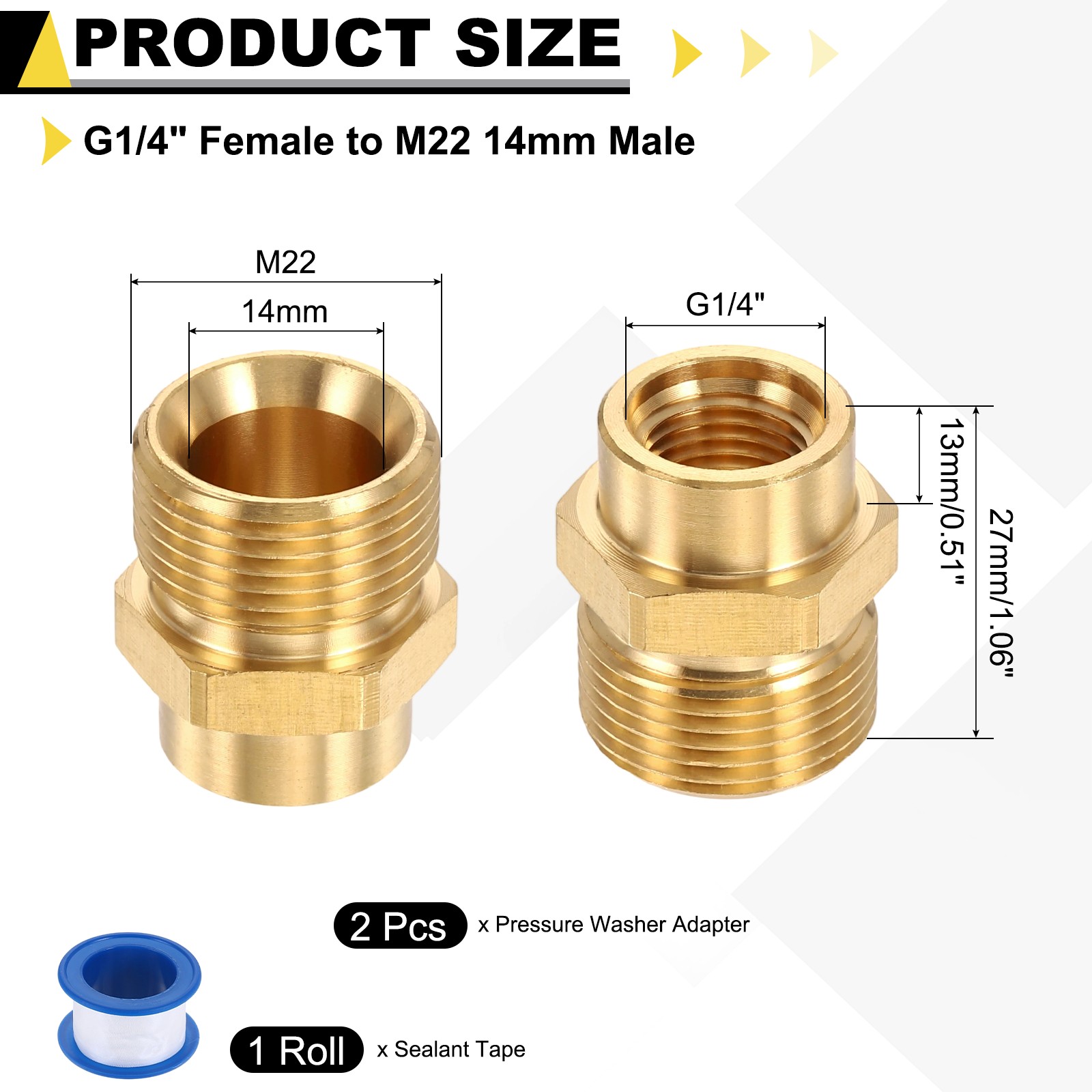 2Pcs Pressure Washer Adapter with Tape, G1/4″ Female to M22 14mm Male Brass