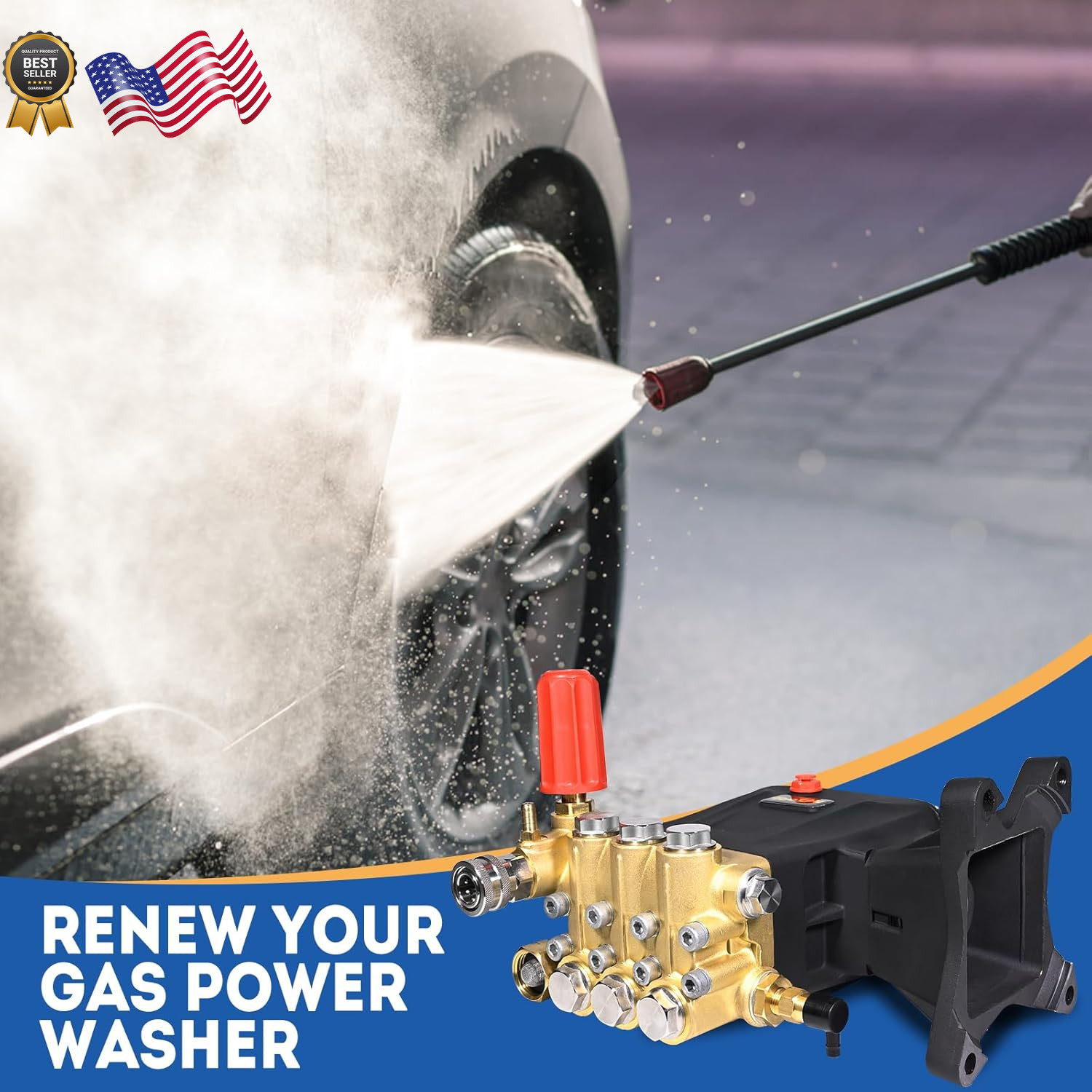 Pressure Washer Pump 3600-4400 PSI Max 4.4 GPM, 1 inch Shaft Horizontal Tripl