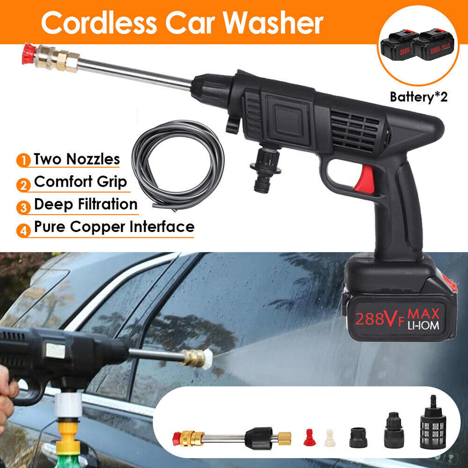 Portable Cordless Electric High Pressure Water Spray Gun Car Washer Cleaner288Vf