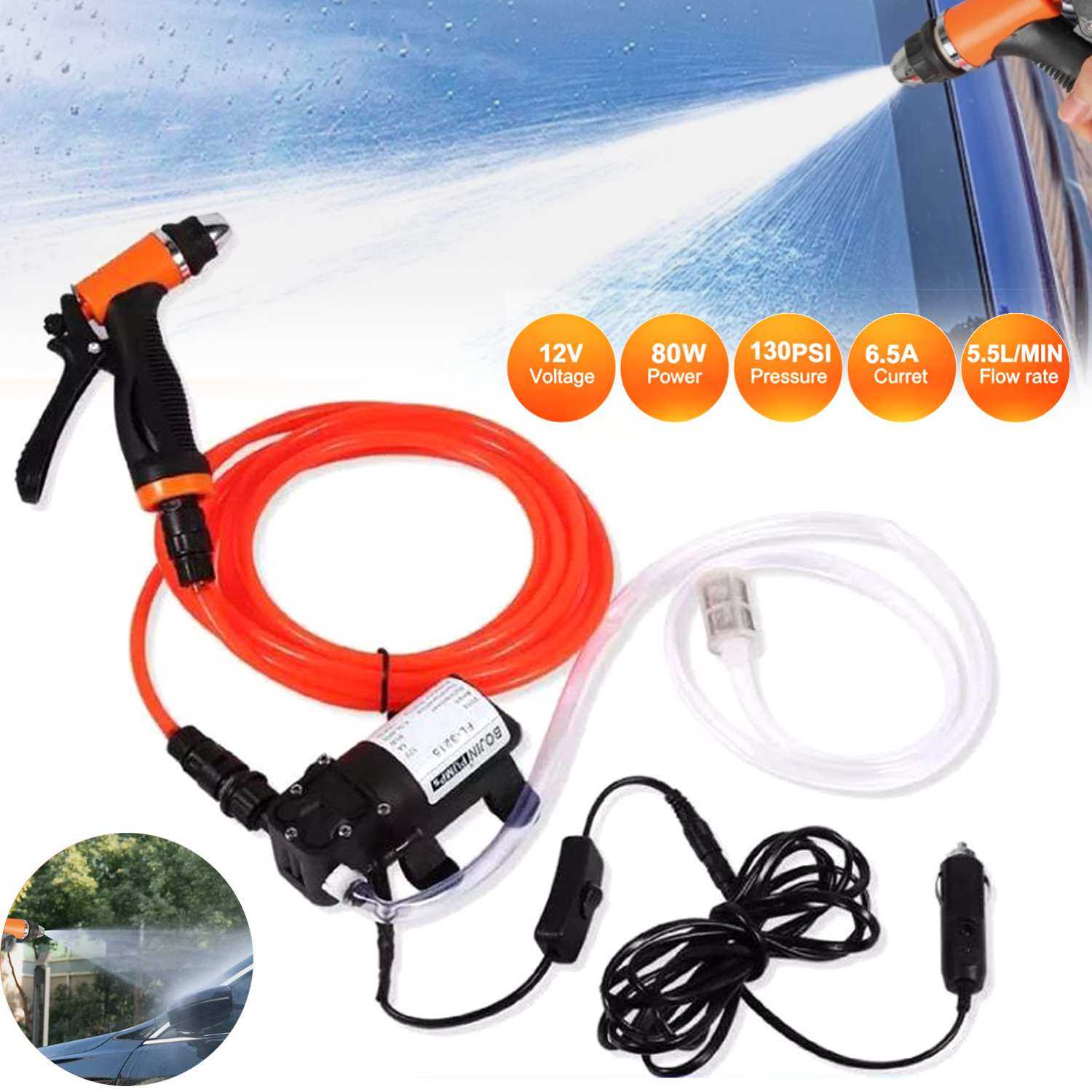 12V High Pressure Car Electric Washer Kit 130PSI Portable Self-Priming Wash Pump