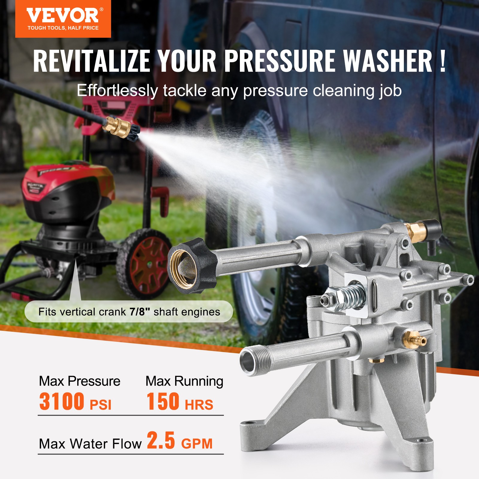VEVOR Pressure Washer Pump 7/8″ Shaft Vertical 3100 PSI 2.5GPM with 5 Nozzles