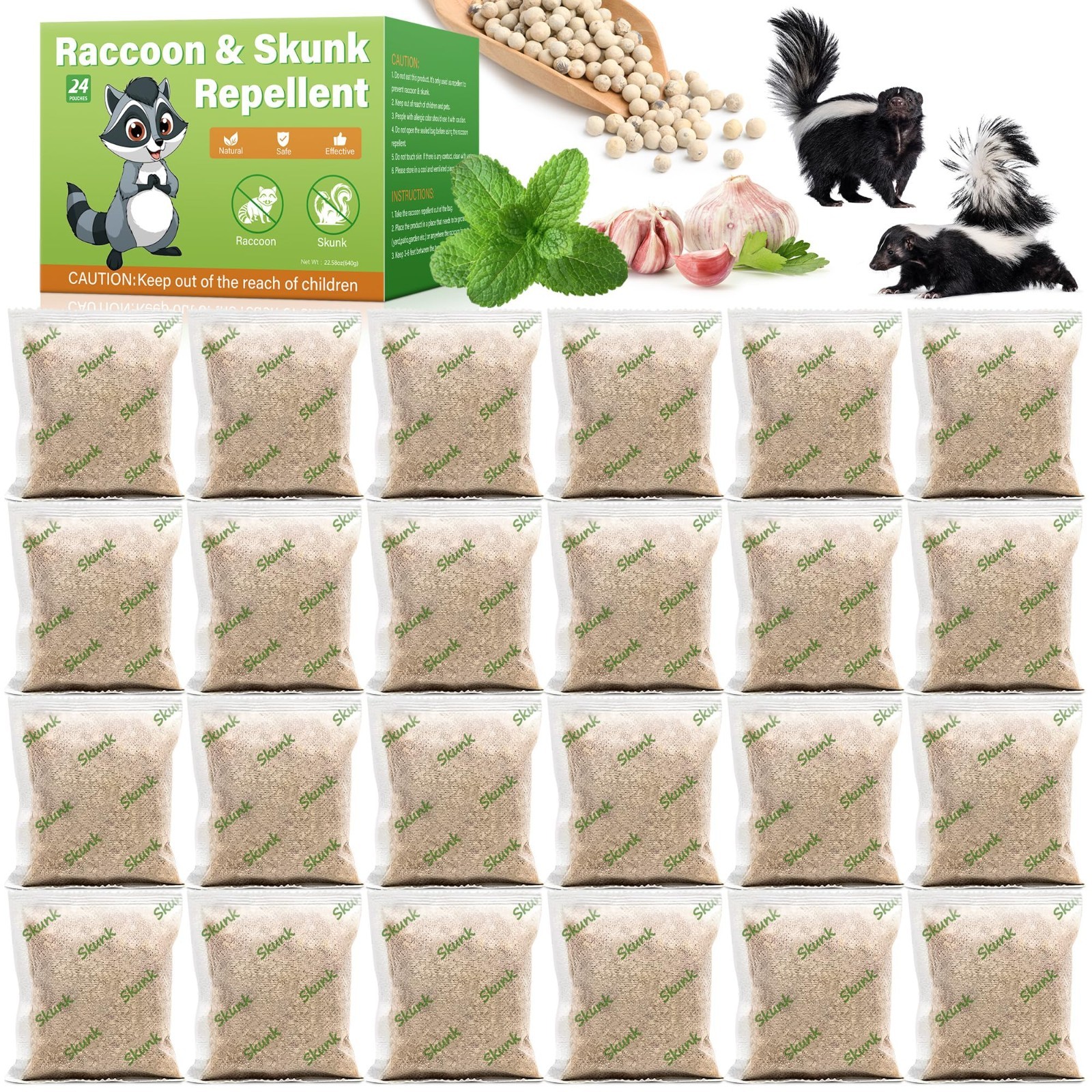 24 Pack Natural Skunk & Raccoon Repellent Pouches for Yard & Garden | Safe & Lon