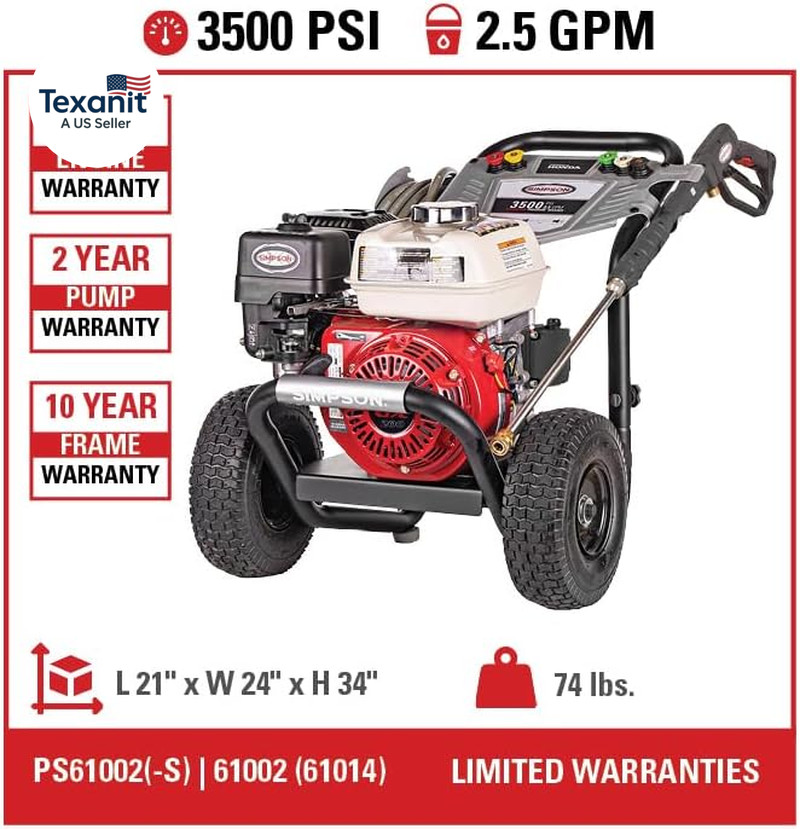 3500 PSI Gas Pressure Washer, 2.5 GPM Commercial Power Washer, Honda Engine, Col