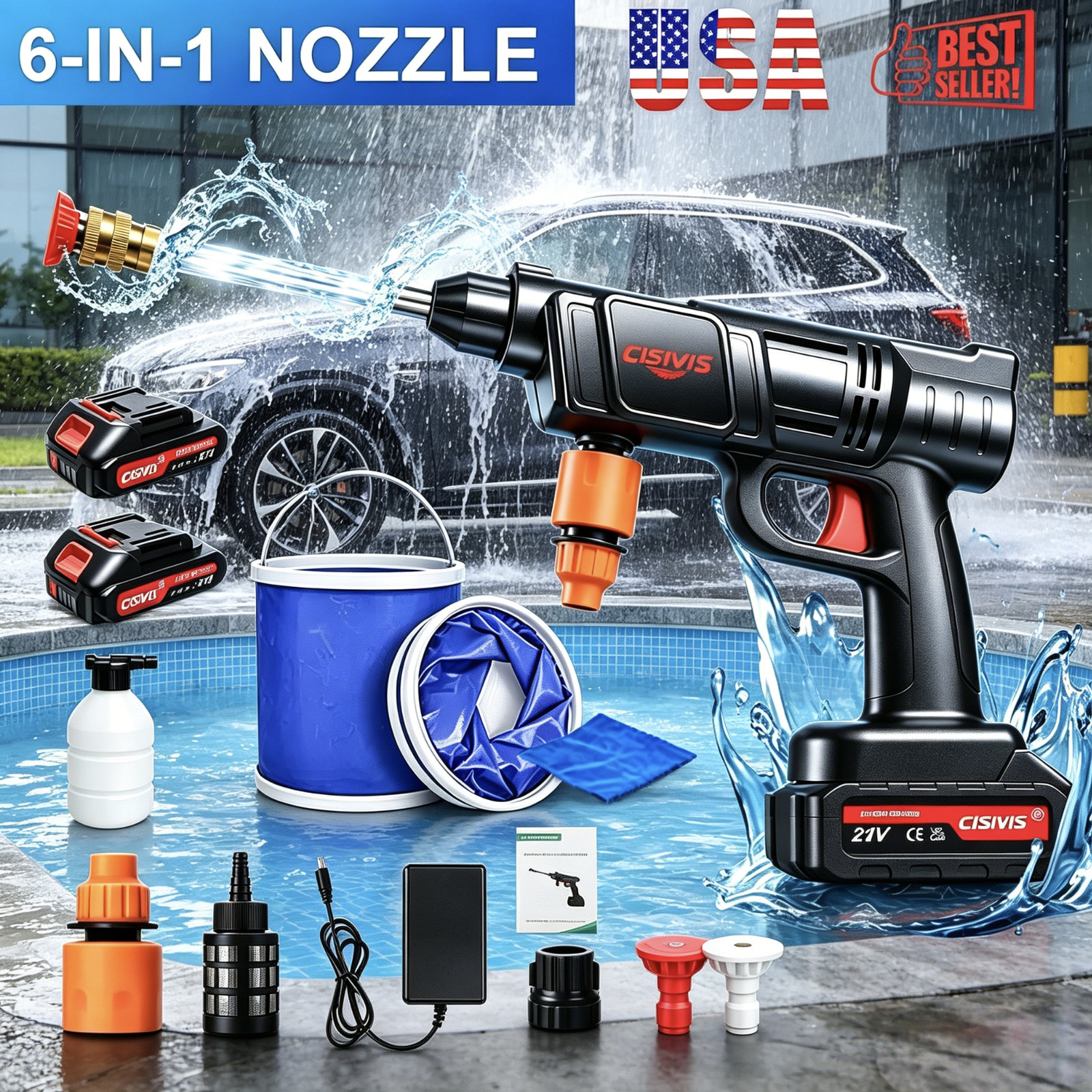 Cordless High Pressure Car Washing Gun Pressure Washer Gun with 2 Nozzle