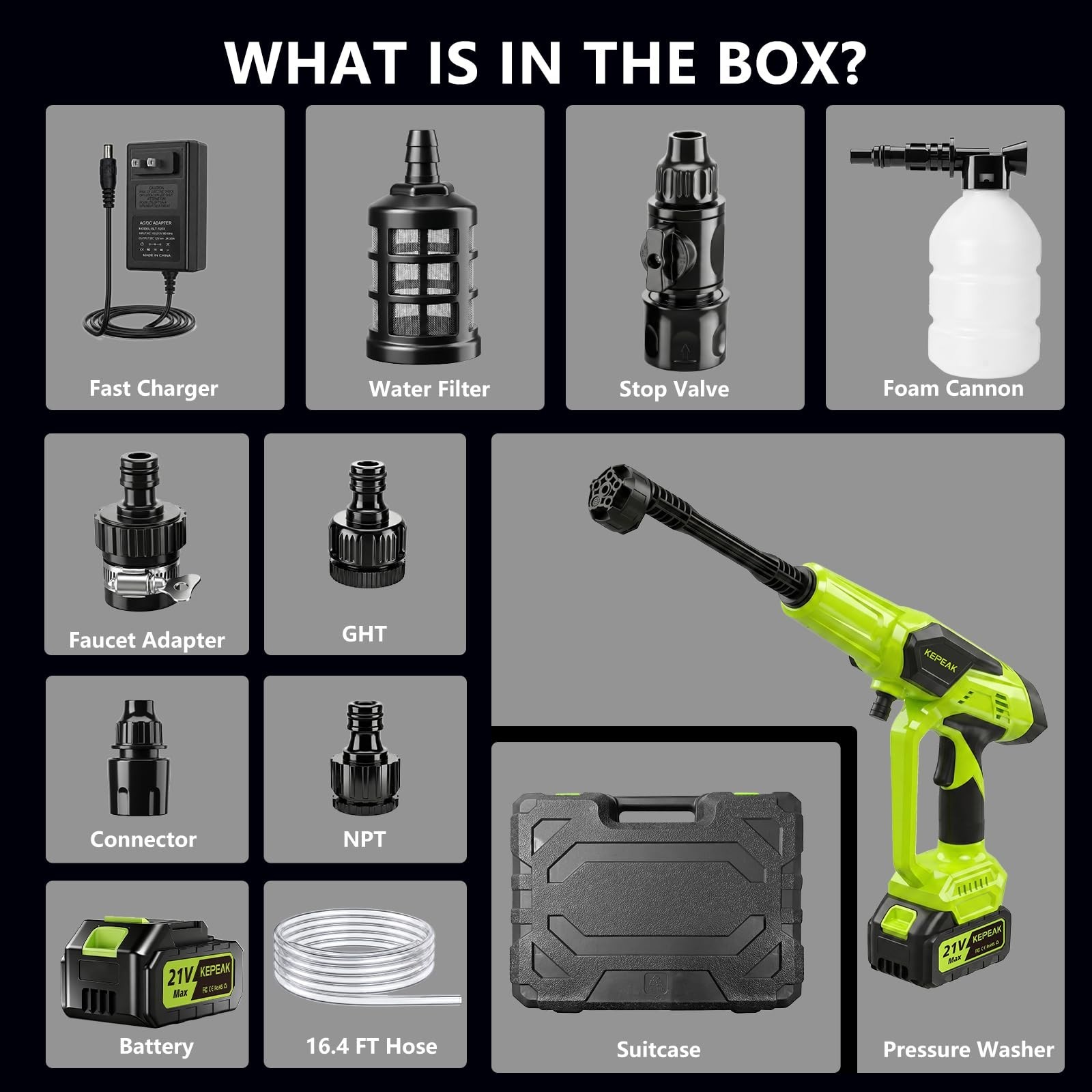 Cordless Pressure Washer, 1450 PSI Battery Operated Washer with 6-in-1 Nozzle