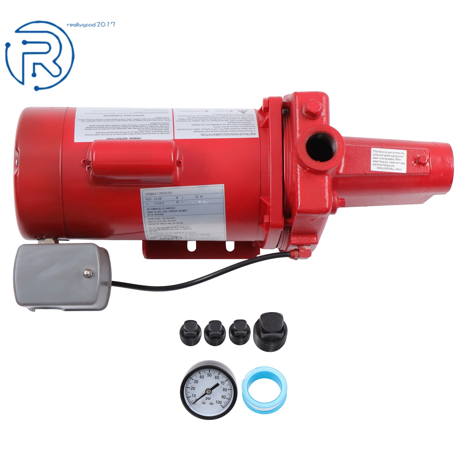 602208 1 HP 23 GPM Dual Voltage 115/230 Volt Cast Iron Shallow Well Jet Pump Red