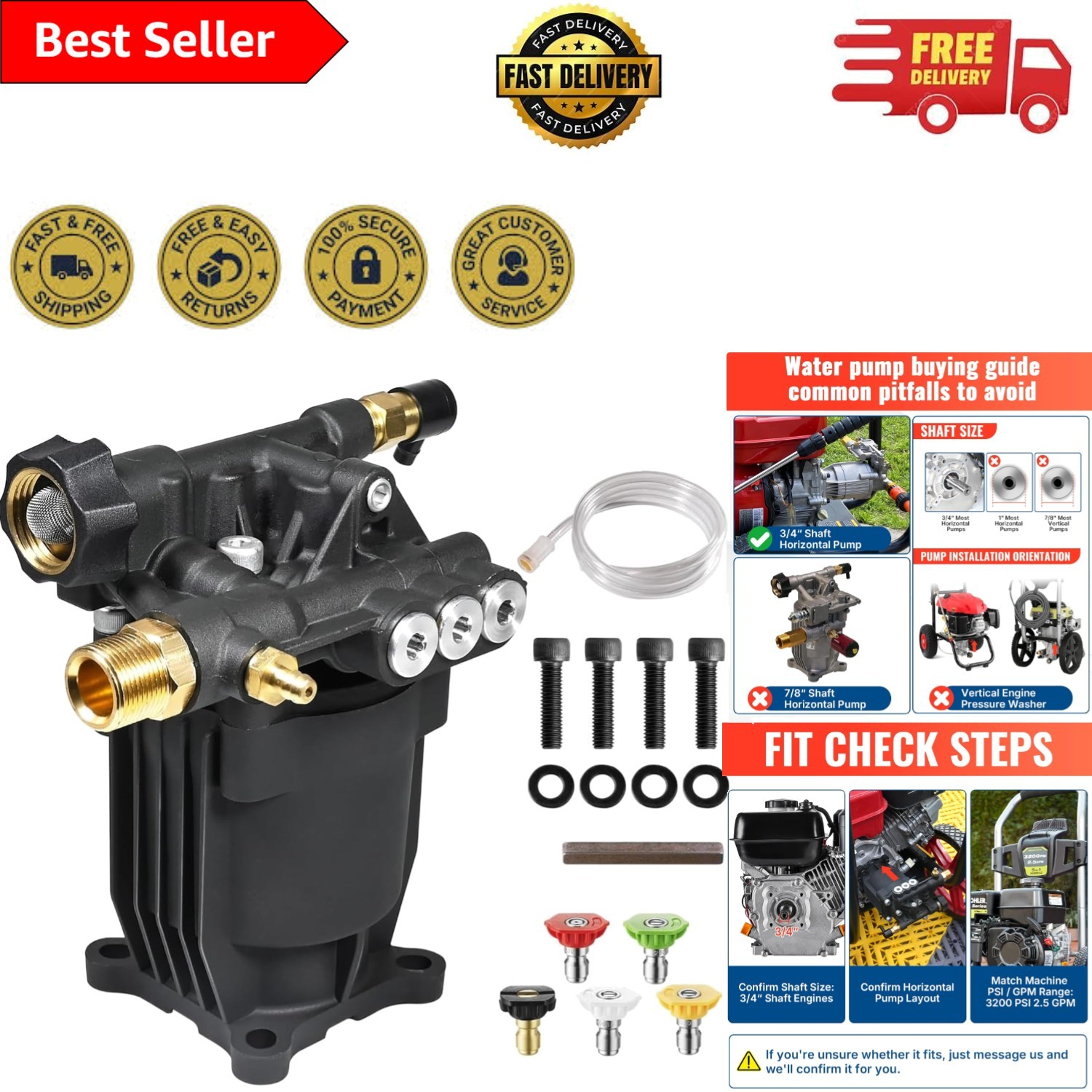 Versatile 3200 PSI Pressure Washer Pump – 2.5 GPM, Fits Multiple Brand Engines