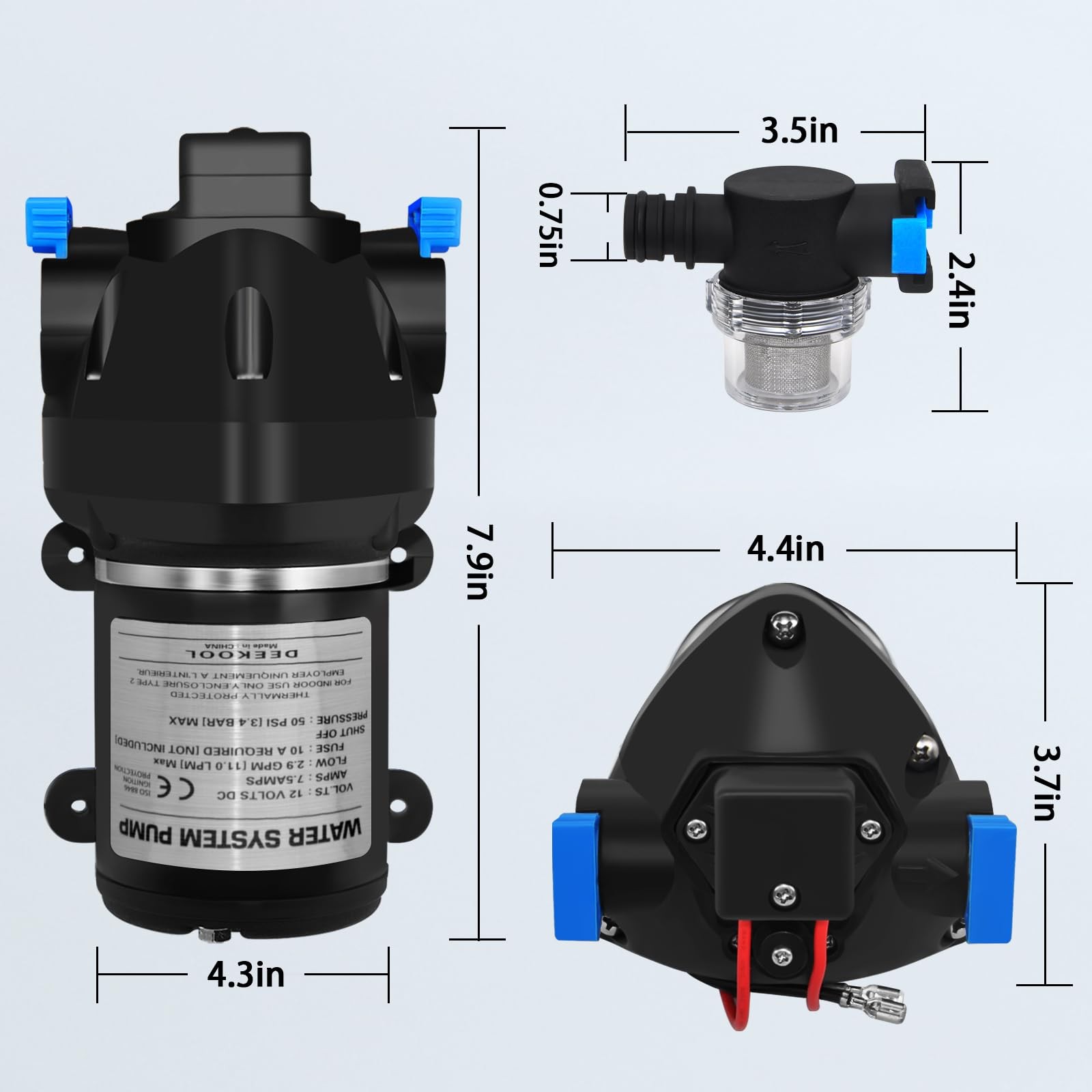 03526-144A 12V RV Water Pump Water System Pump, 2.9 GPM, 50 PSI Triplex Diaph…