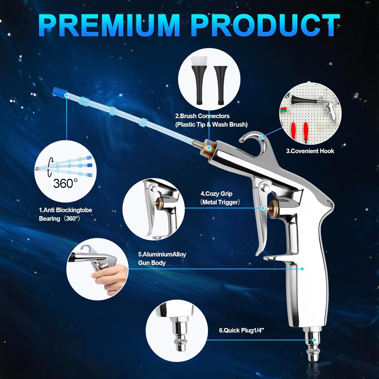 Car Dust Blower Gun Nozzle Dual Tool for Dashboard Carpet Engine Dirt Cleaning