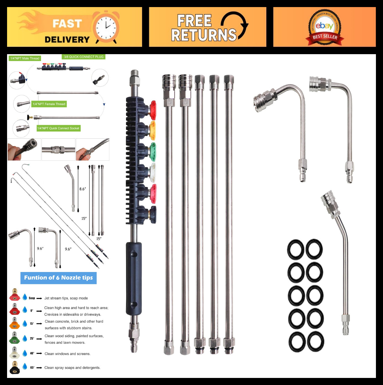 9 Pack Pressure Washer Extension Wand with 6 Nozzle Tips & Curved Rods, 4000 PSI