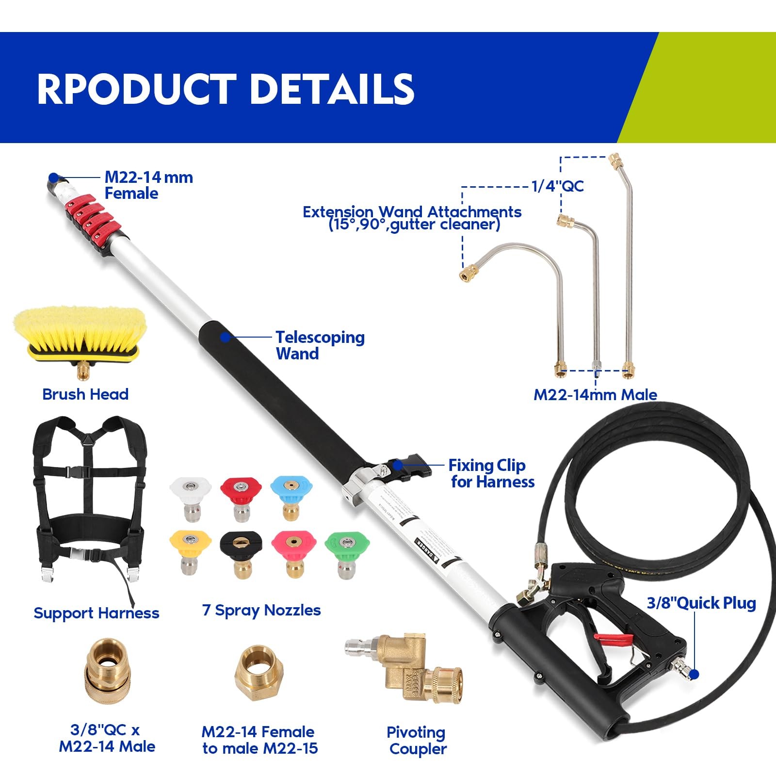 24FT Telescoping Pressure Washer Wand, Power Extension Sprayer with 7 Spray N…
