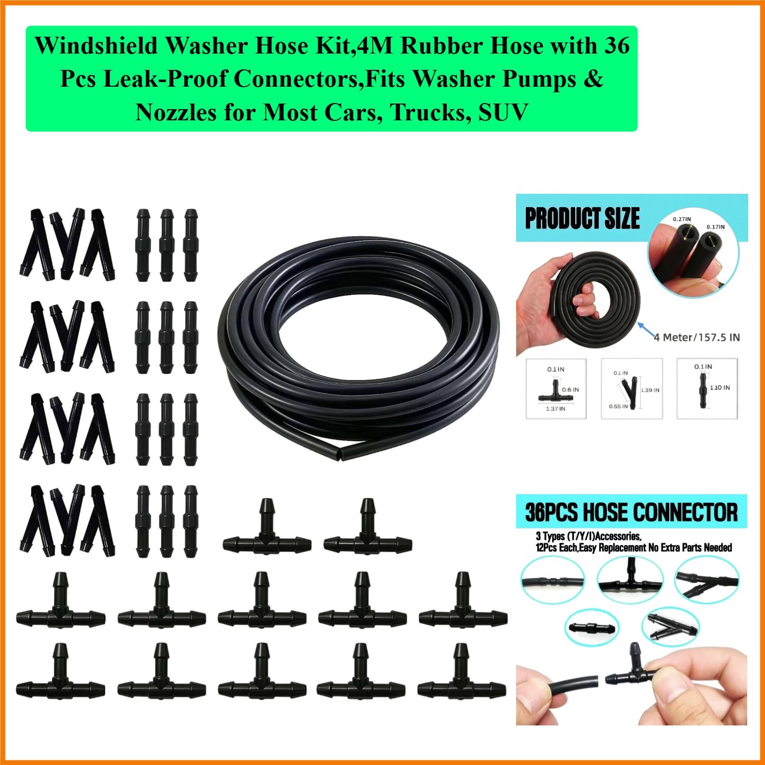 Windshield Washer Hose Kit,4M Rubber Hose with 36 Pcs Leak-Proof Connectors,F…