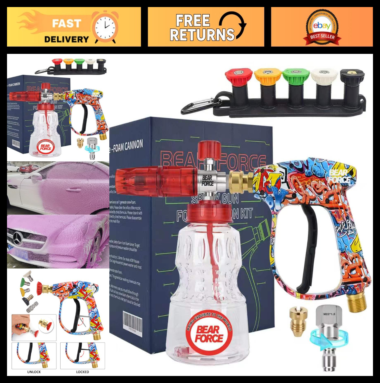 Bear Force Pressure Washer Spray Gun with Foam Cannon & 5 Nozzles