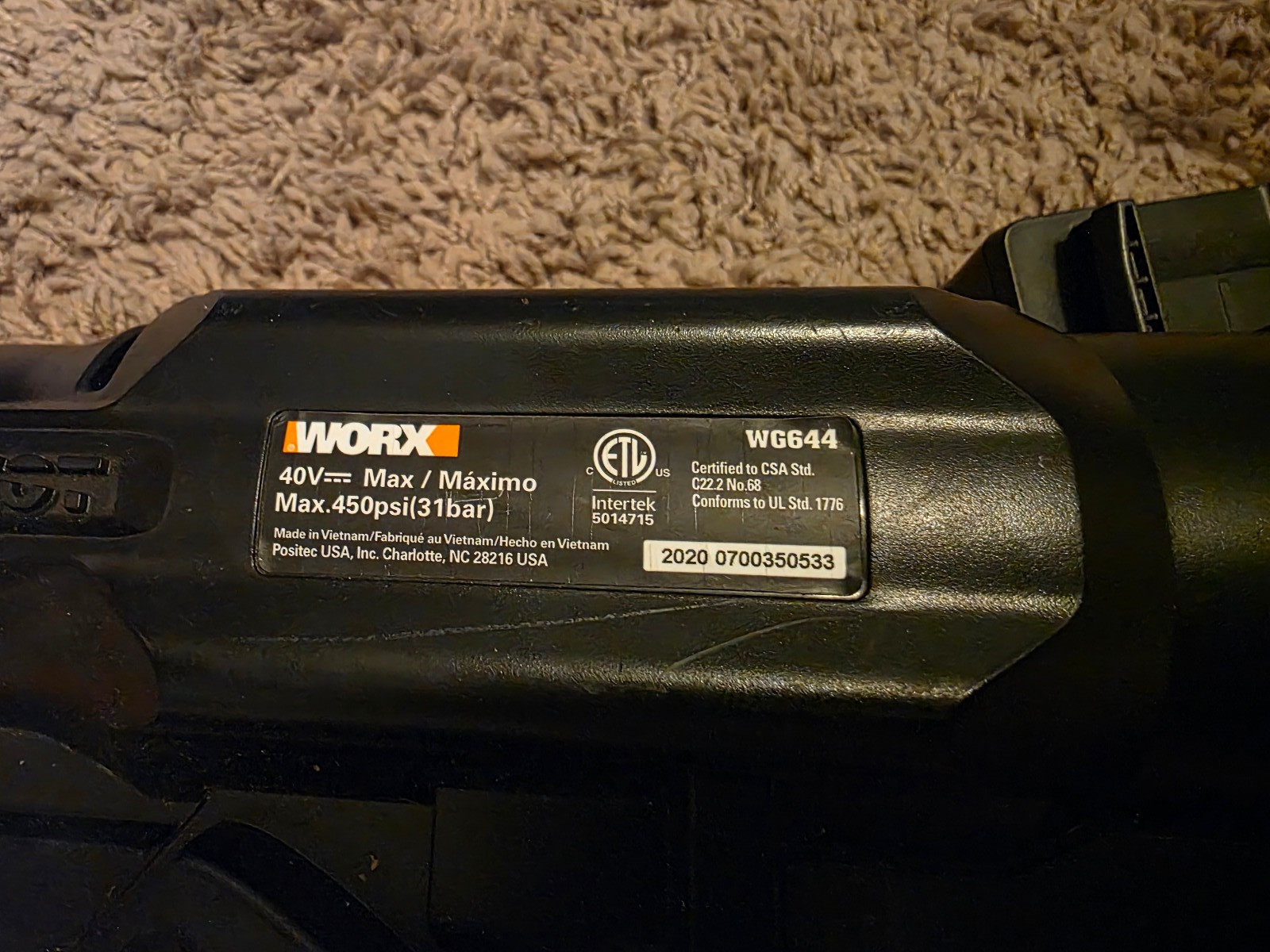 WORX HYDRO SHOT, 450PSI,40V,2 BATTERIES, 1 CHARGER, Model #WG644