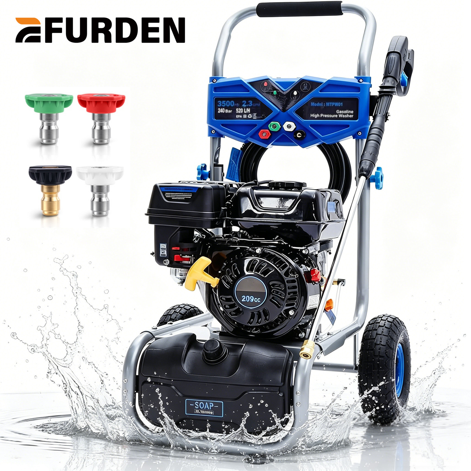 Efurden High Pressure Washer 3500PSI 2.3GPM Gas Powered Washer with Soap Tank