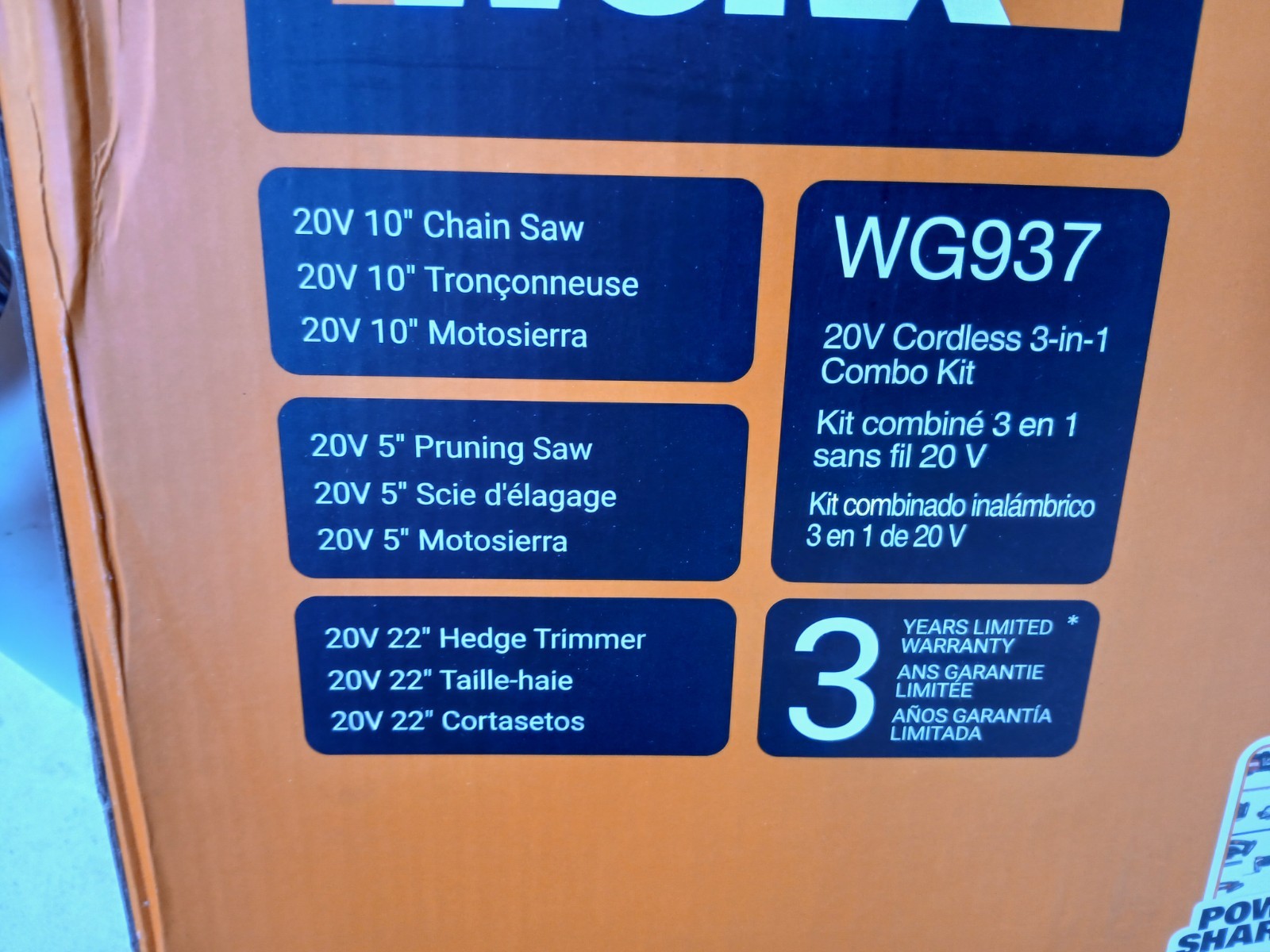 NEW OPEN BOX WORX WG937 20V 3-IN-1 KIT 22″ TRIMMER, 5″ PRUNE SAW 10″ CHAINSAW