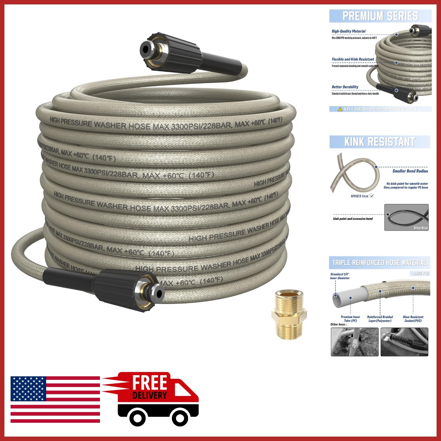High Pressure 50 FT Replacement Hose for Power Washers M22-14mm Brass Fittings