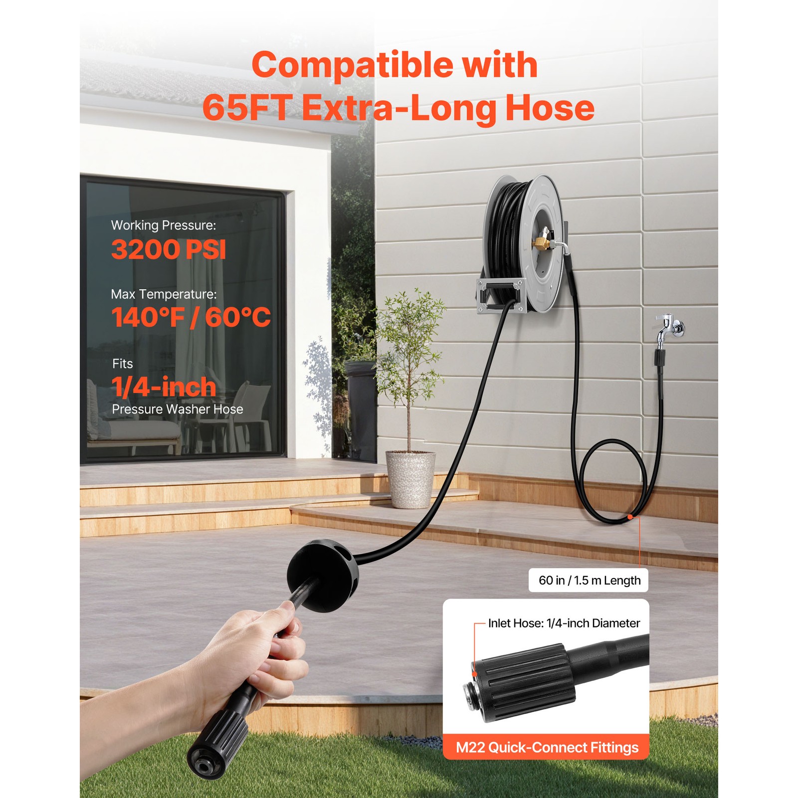 Uimoso Retractable 65ft Pressure Washer Hose Reel, 1/4in, 3200PSI Auto-Rewind