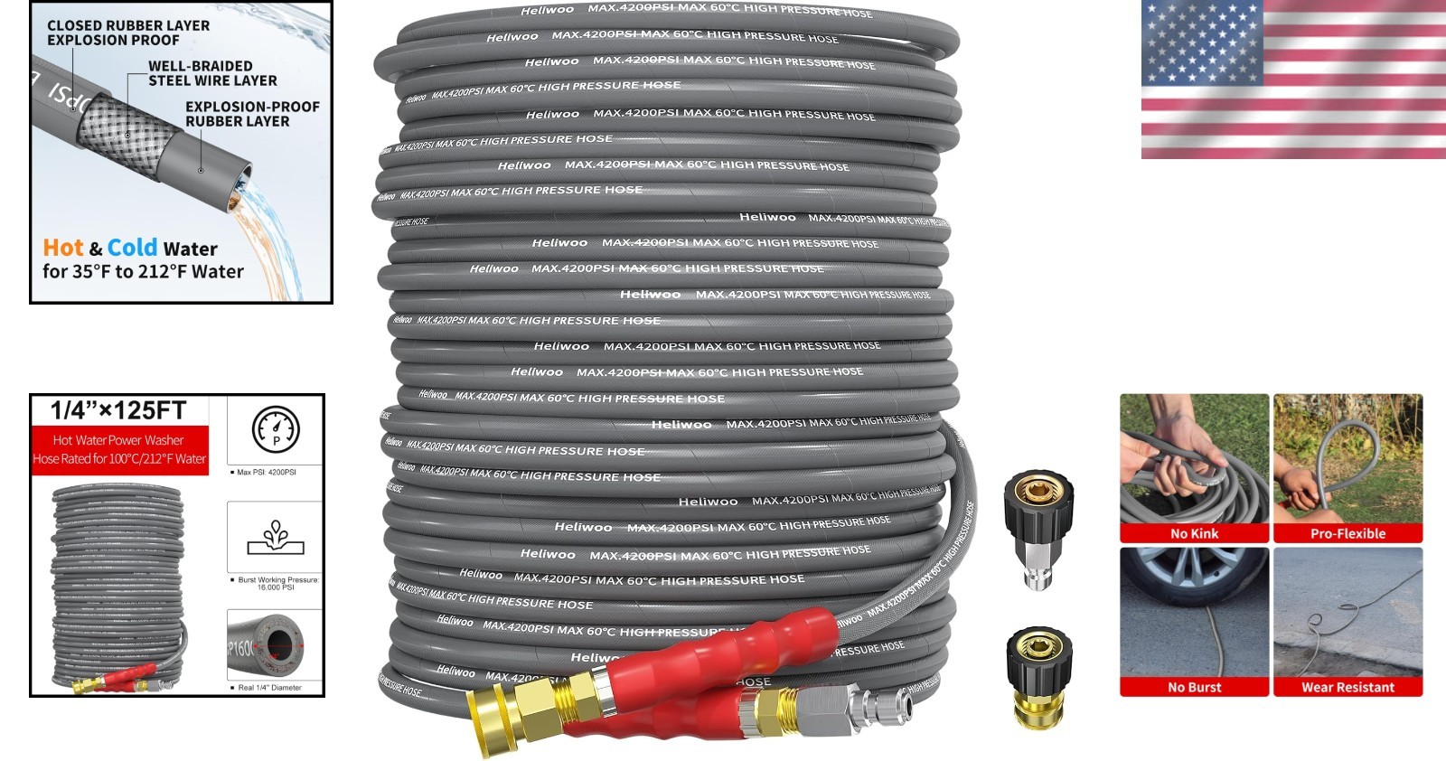 Durable 125ft Steel-Braided Pressure Washer Hose | 1/4 Inch | Leak-Proof Quality