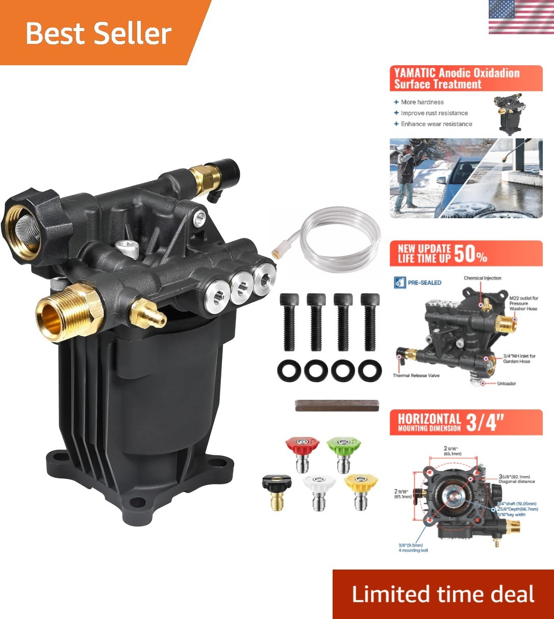 Pressure Washer Pump 3/4″ Shaft Horizontal Power Washer Pump Max 3200 PSI 2.5…