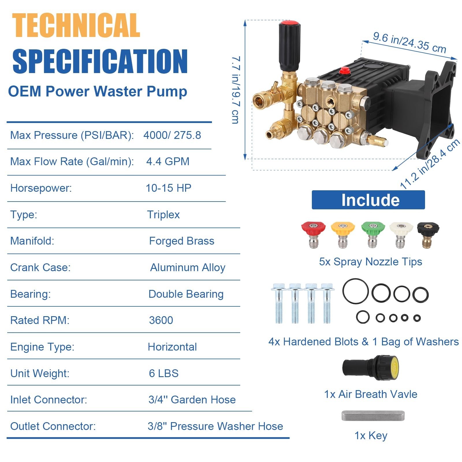 Pressure Washer Pump Power Washer Pump 4.4GPM 4000 psi 1″ Shaft Horizontal