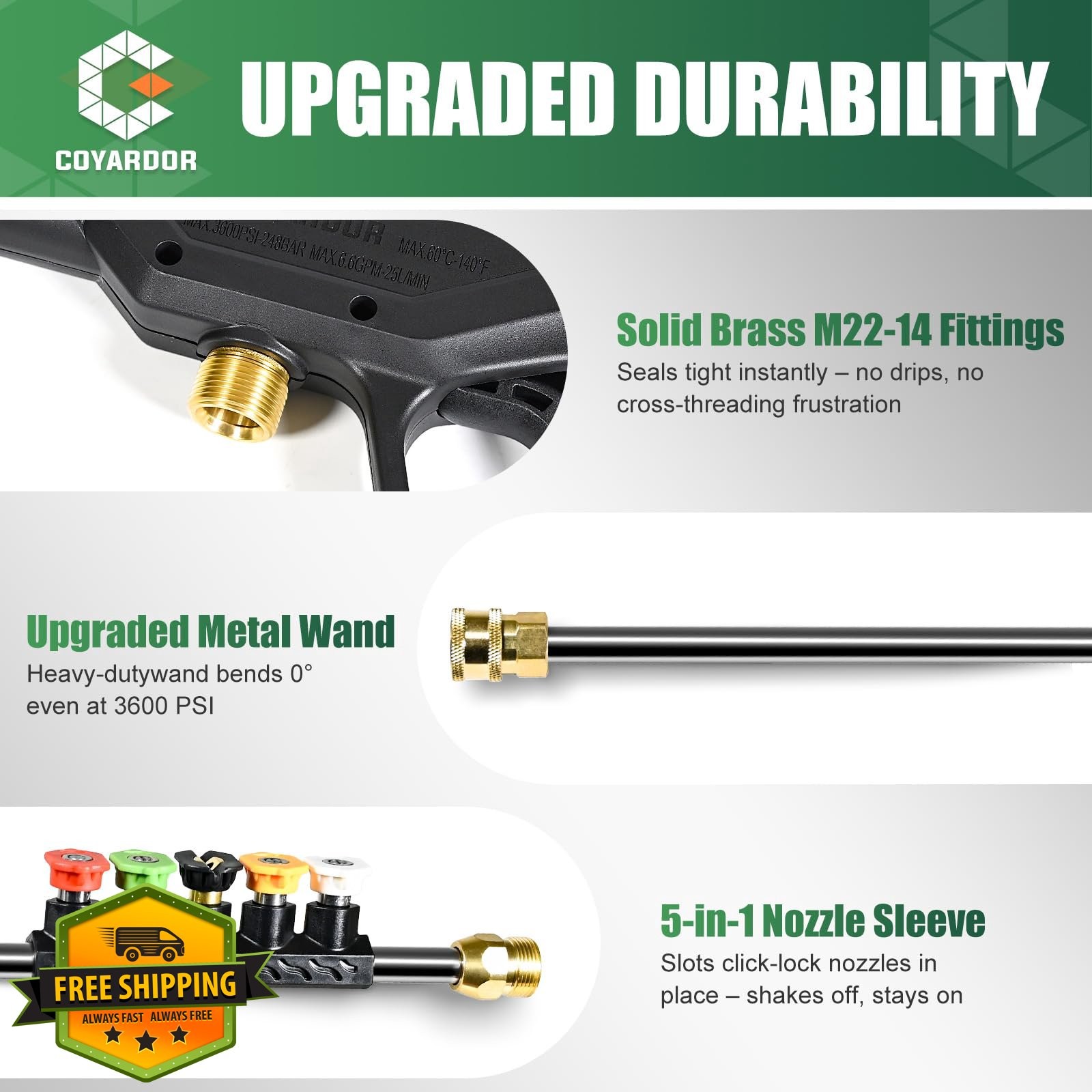 Coyardor Pressure Washer Gun 3600 PSI, M22 Fitting, 5 Spray Tips
