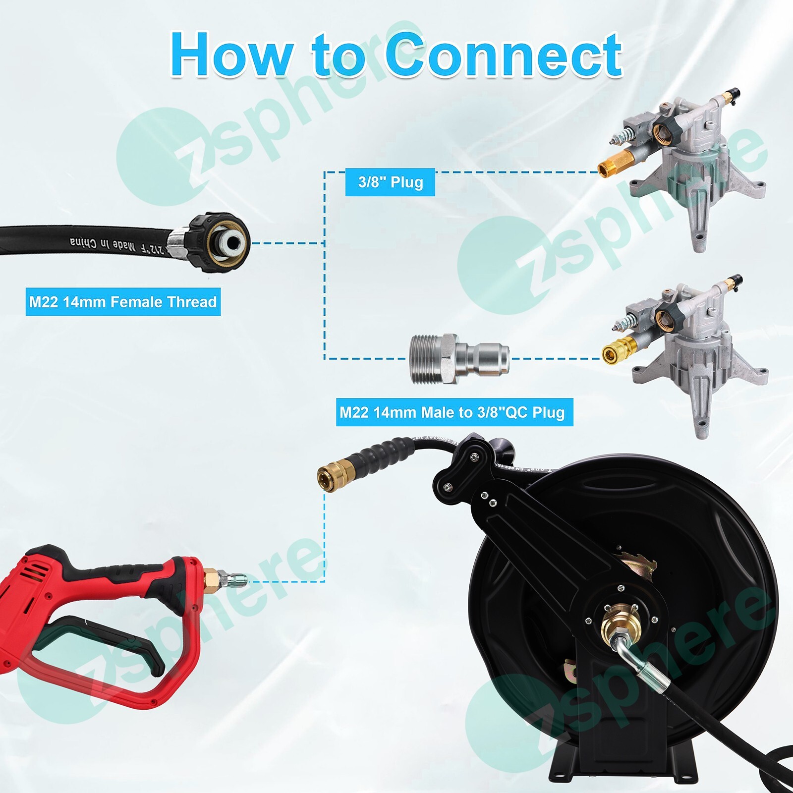 Pressure Washer Hose Reel Kit | 50′ Rubber Steel Hose and 4′ Jumper with 3/8″ QC