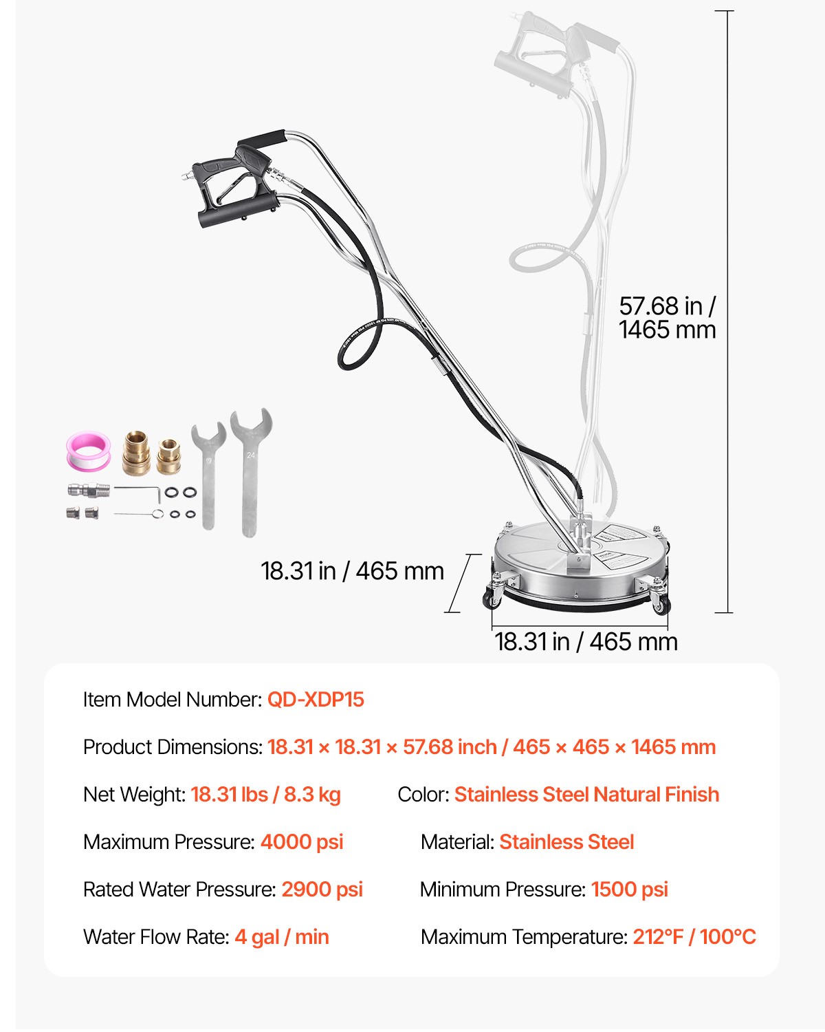 VEVOR 18″ Pressure Washer Surface Cleaner 4 Wheels Dual Handle 4000 Max PSI