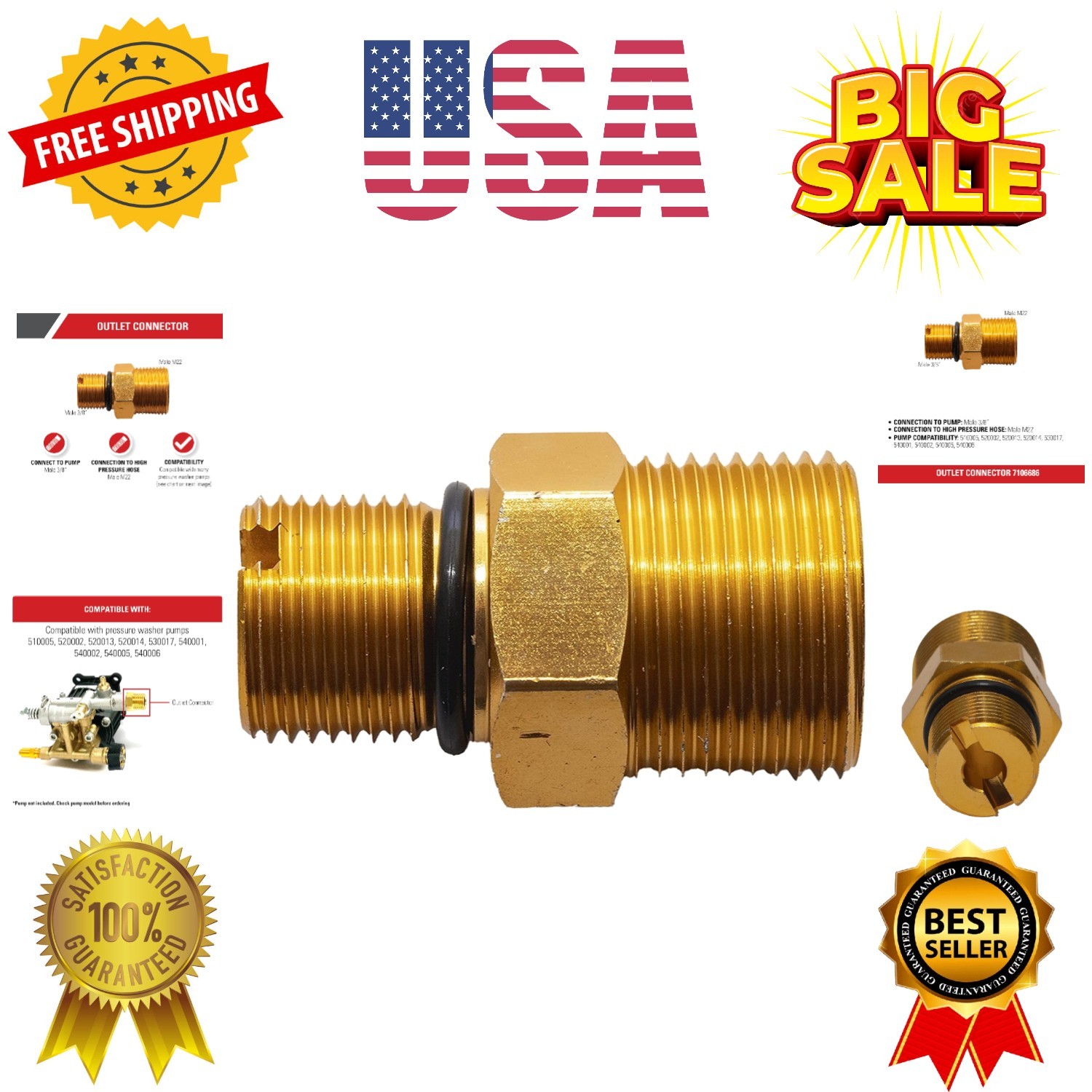 Cleaning Outlet Connector for Gas Powered Pressure Washer Pumps, Gold