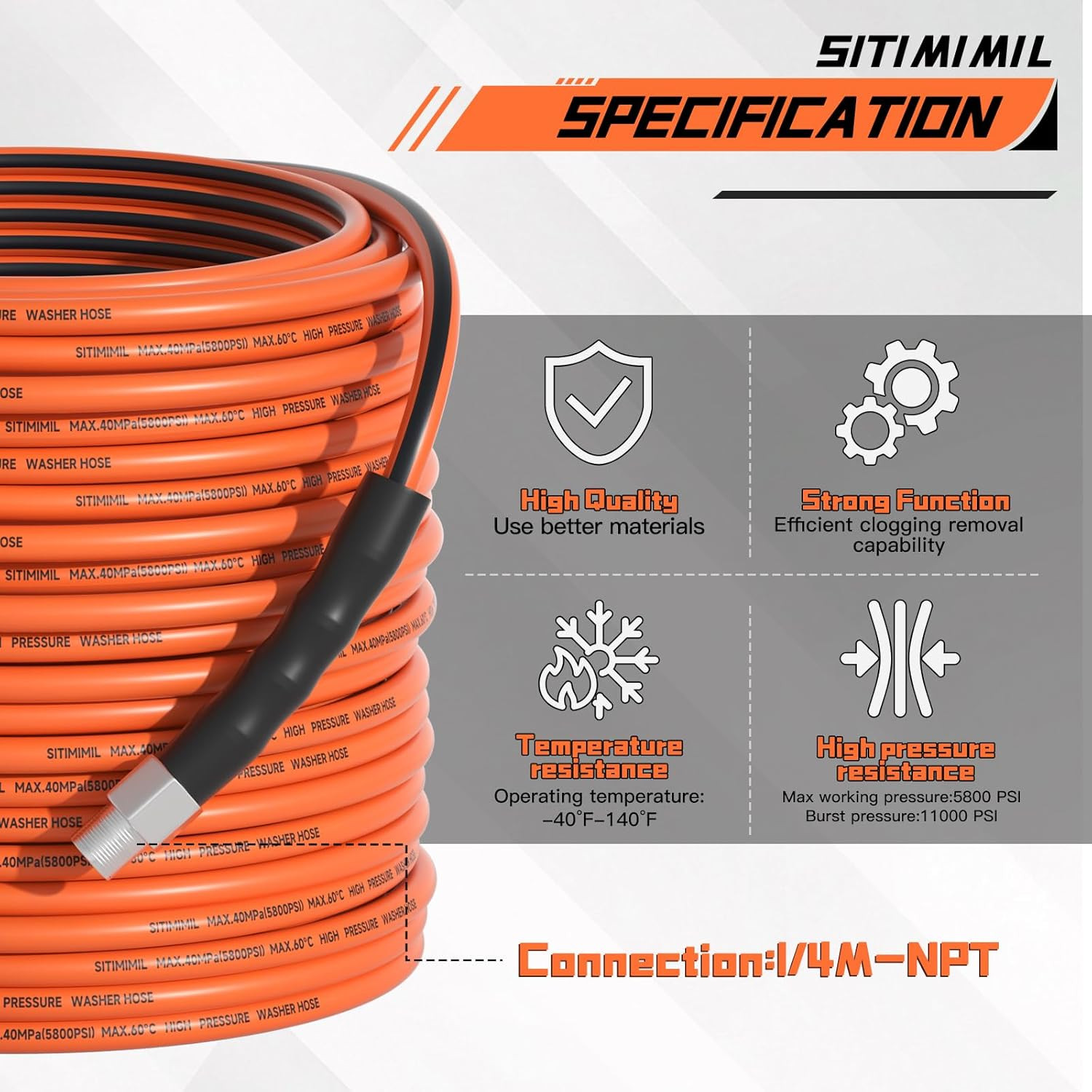 Sewer Jetter Kit for Pressure Washer 100Ft,5800Psi Drain Cleaner Hose 1/4 Inch N