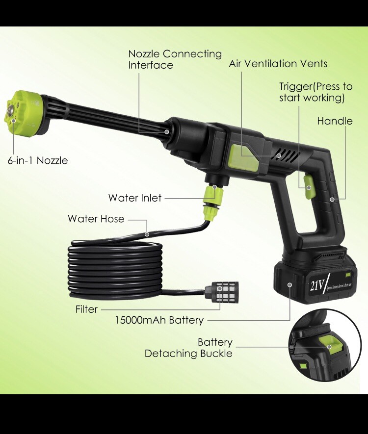 Cordless Pressure Washer Battery Powered; 990 Psi with 6-in-1 Nozzle, 23FT Hose.
