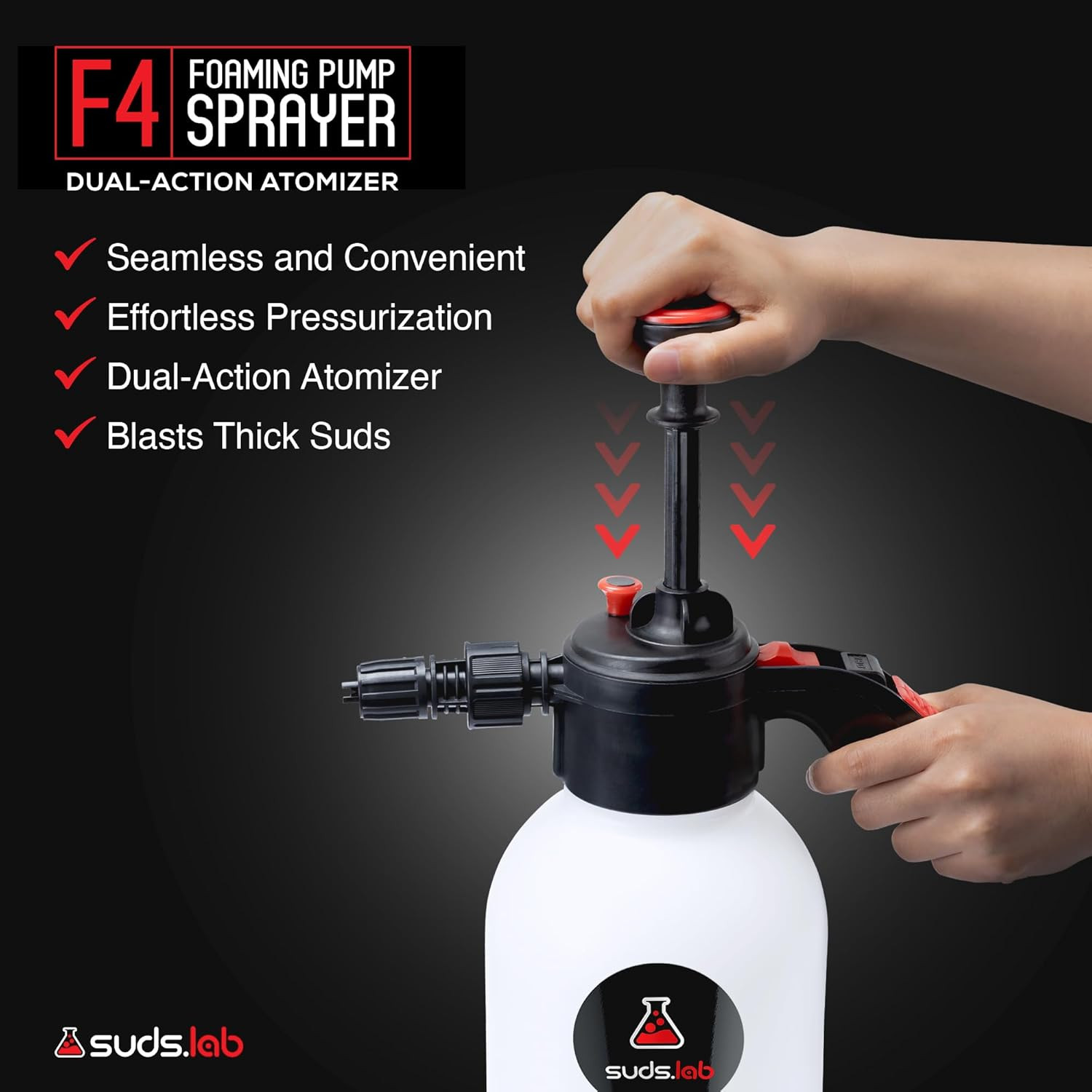 Suds Lab F4 Foaming Pump Sprayer with 70 Oz UV Resistant Canister & Ergonomic Ha