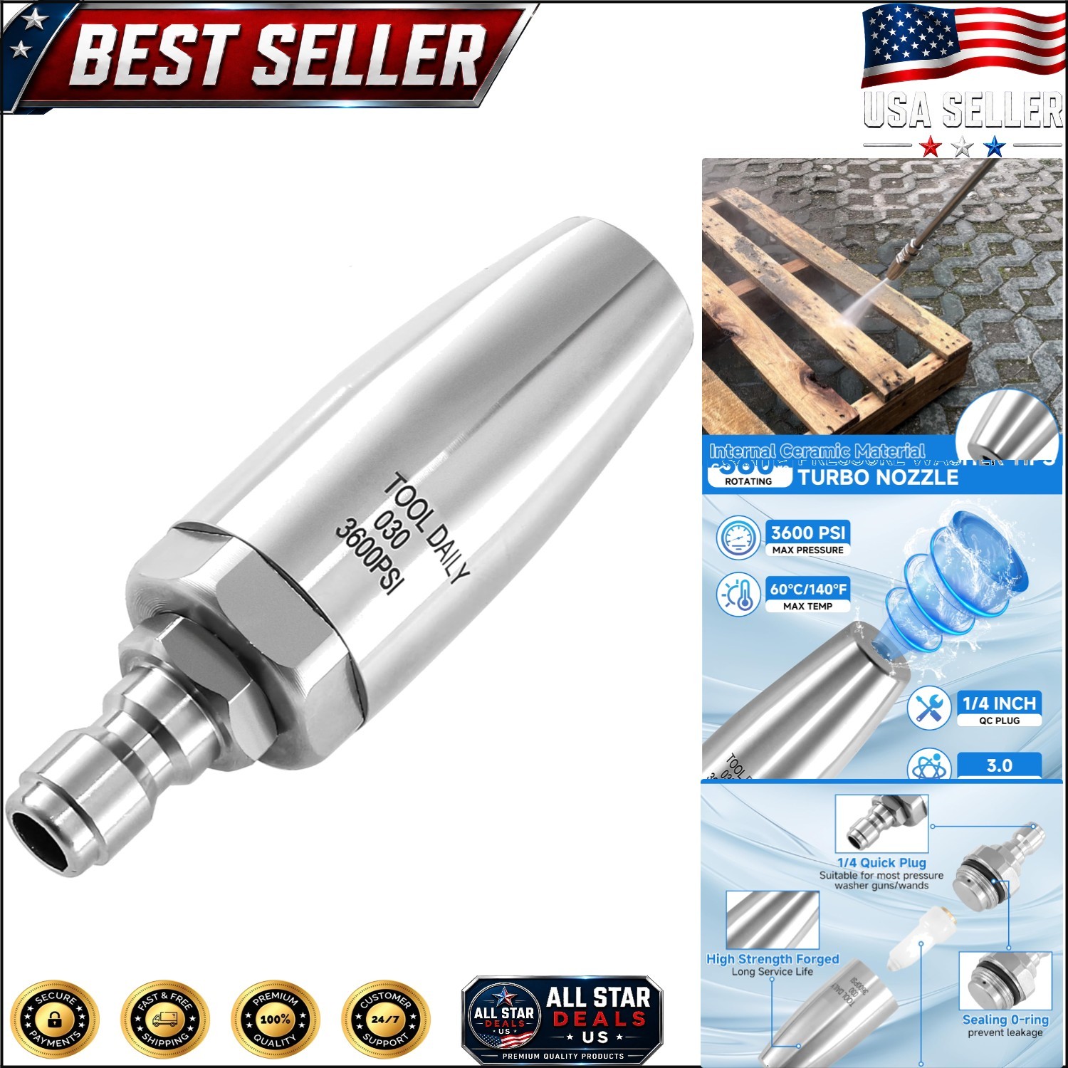 360° Stainless Steel Turbo Nozzle for Pressure Washers – Maximum 3600 PSI Power