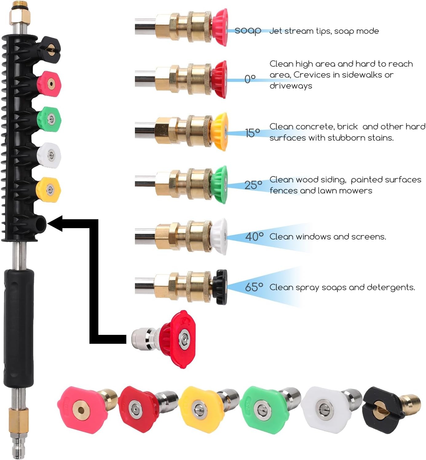 9-Pack Pressure Washer Extension Wand w/ 6 Nozzles, 30°/90°/120° Curved, 4000PSI