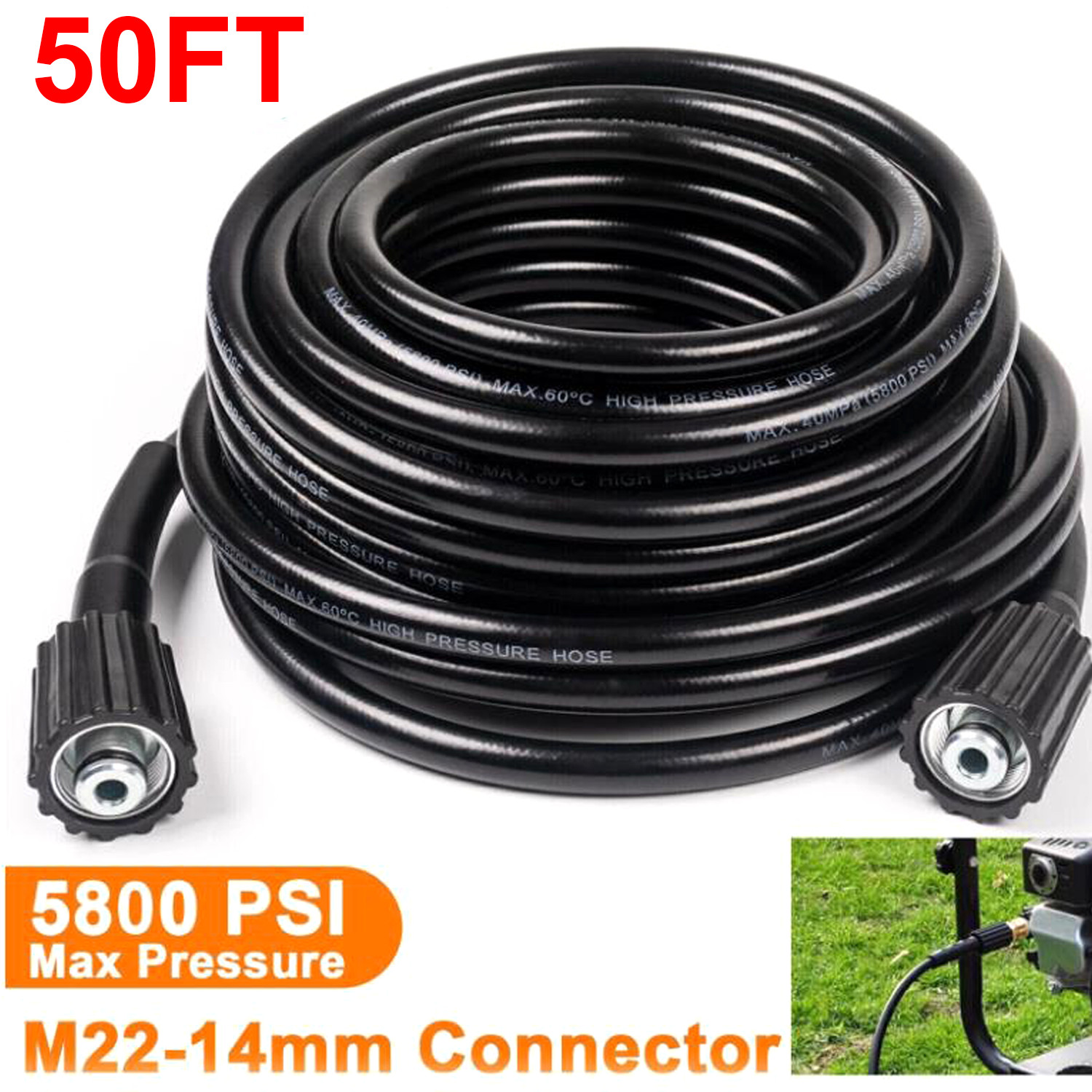 High Pressure 4000PSI Car Power Washer Gun Lance Nozzle and 50FT Hose Kit M22