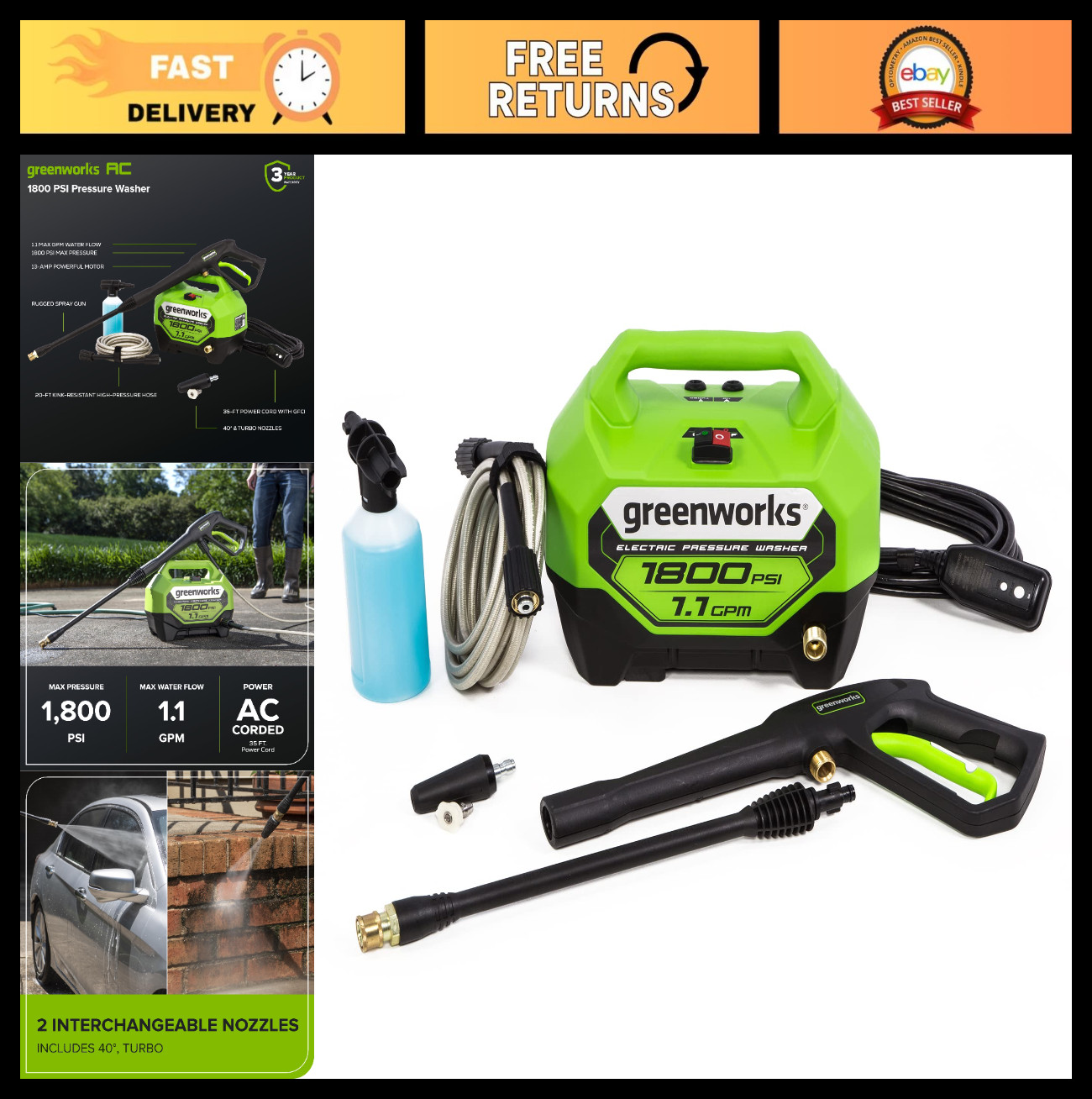 1800 PSI Electric Pressure Washer – 1.1 GPM, PWMA Certified, Compact & Powerful