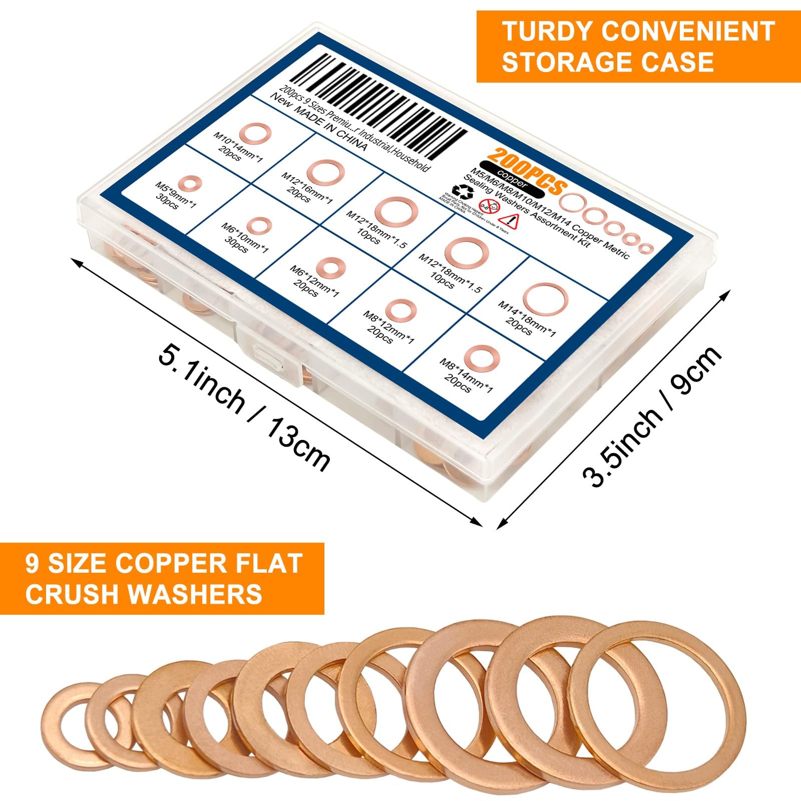 200 Pcs 9 Sizes Copper Metric Sealing Crush Washers Assortment Kit for Most Cars