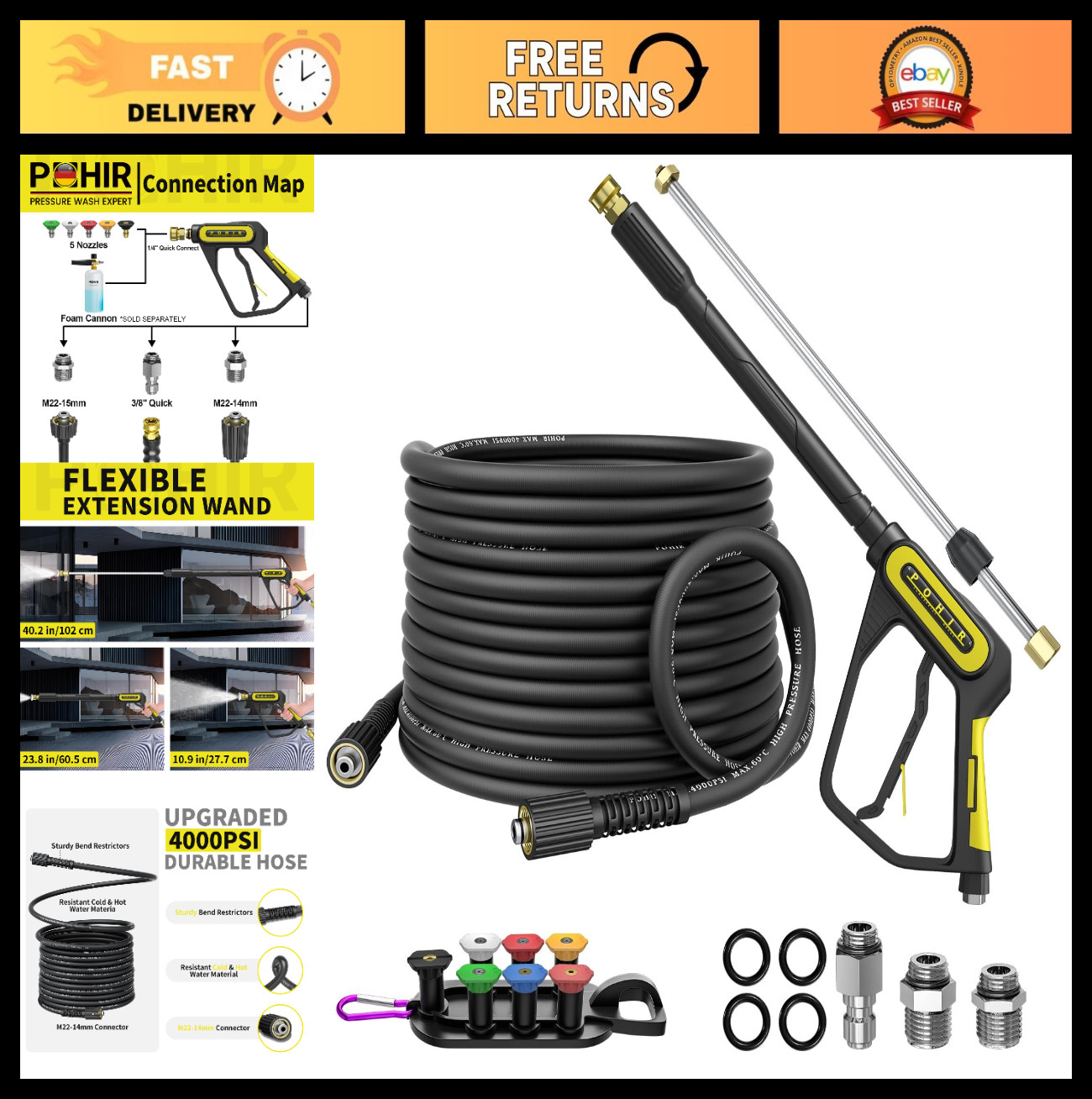 High-Pressure Washer Gun 5000PSI with 50ft Hose, Adjustable Wand & 7 Nozzles