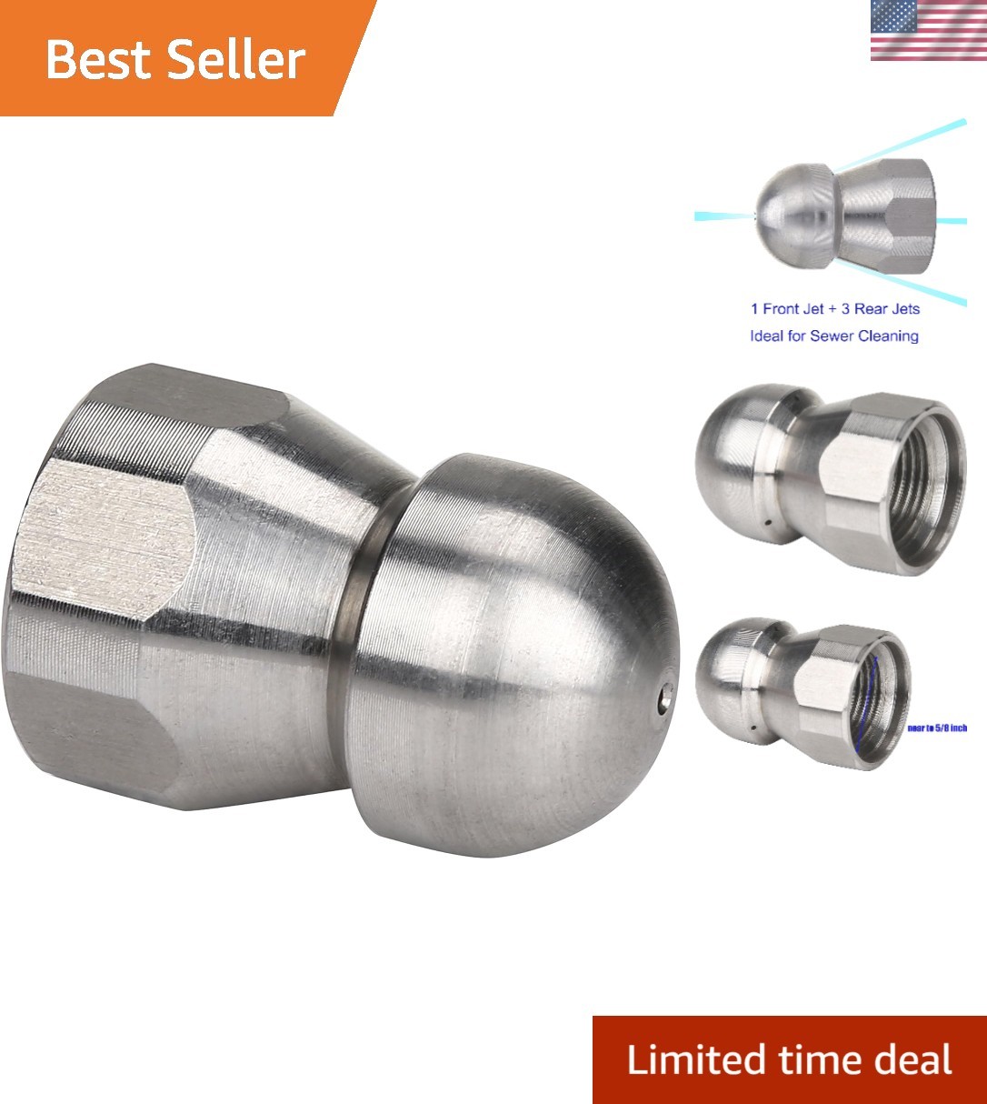 3/8” Button Nose Jet Nozzle – Efficient Stainless Steel Design for 4000 PSI