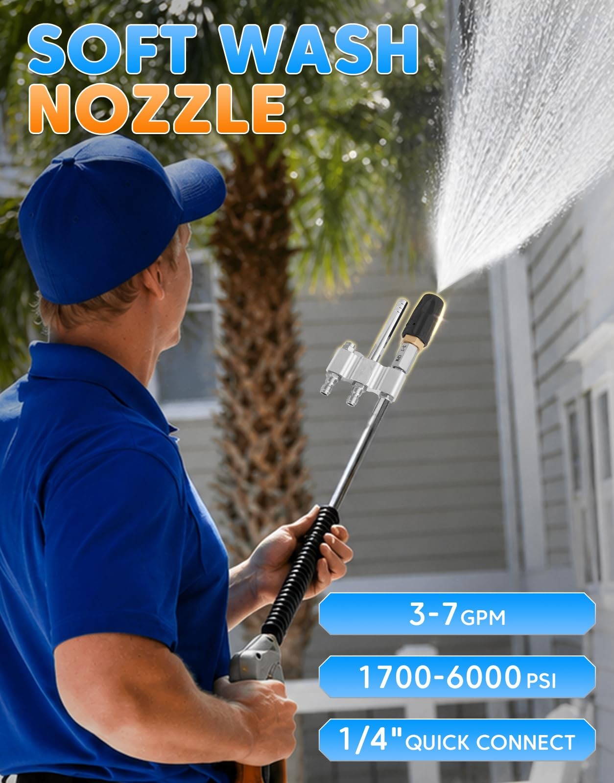 3 in 1 Adjustable Downstream Soft Wash Nozzle M5 Tip Twist 1/4″ QC for 3-7 GPM