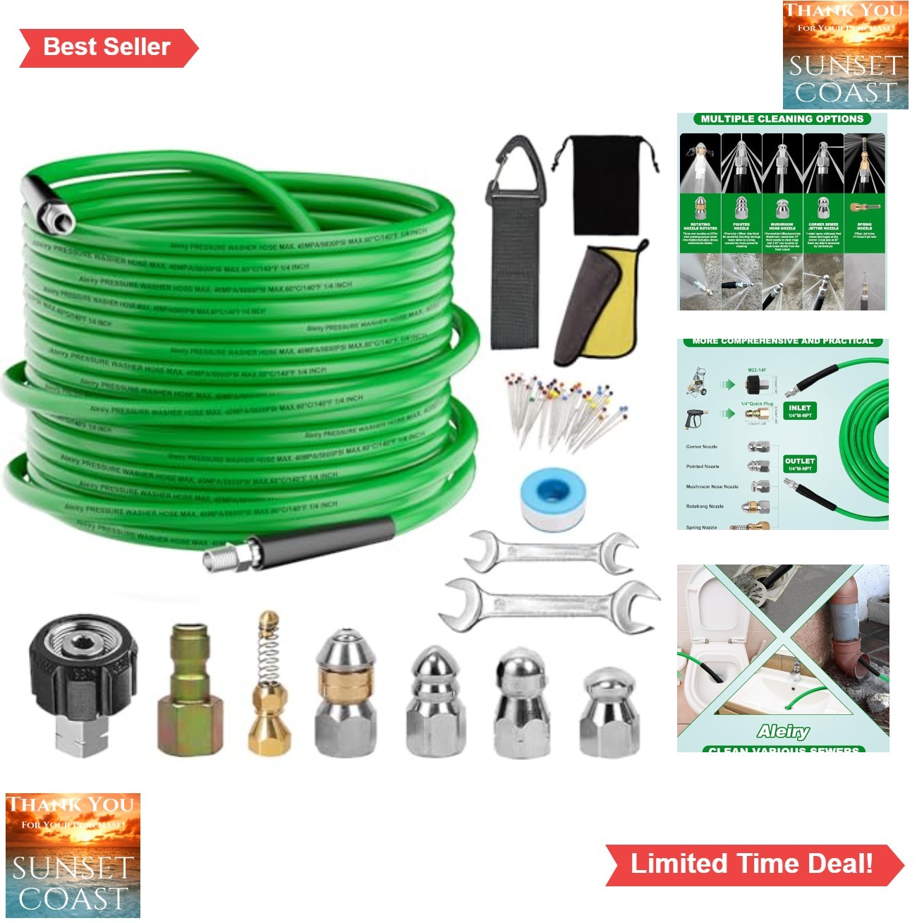 Sewer Jetter Kit 50 FT 5800 PSI 1/4 NPT Pressure Washer Drain Cleaning Hose