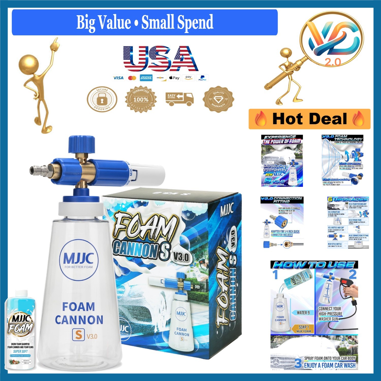 Foam Cannon S V3.0 Car Wash Foam Gun 1/4″ Quick Connector 34oz Thick Foam