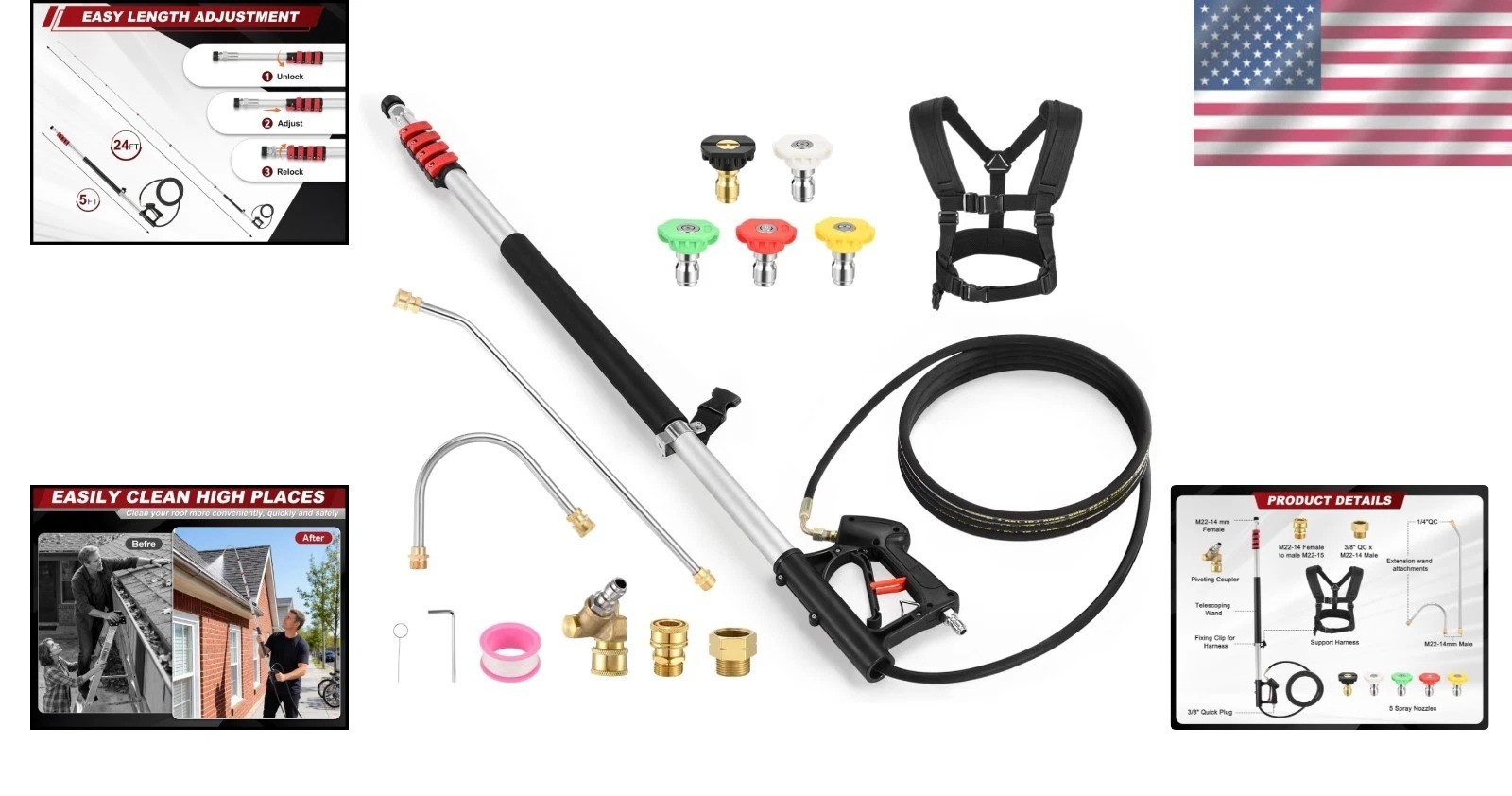 24FT Telescoping Pressure Washer Wand with 5 Nozzles for Effortless Cleaning