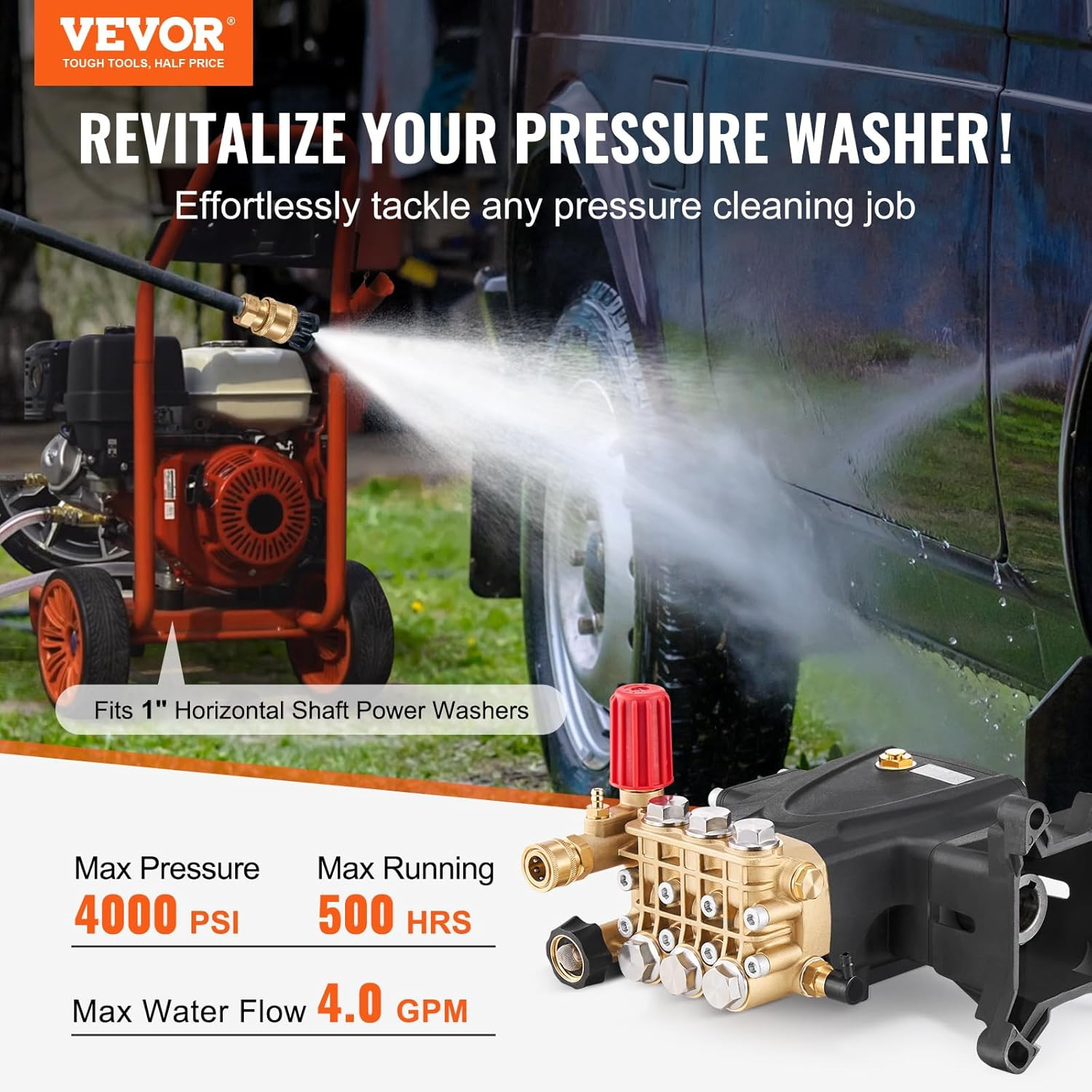 Pressure Washer Pump, 1″ Shaft Horizontal Triplex Plunger, 4000 PSI, 4.0GPM, Rep