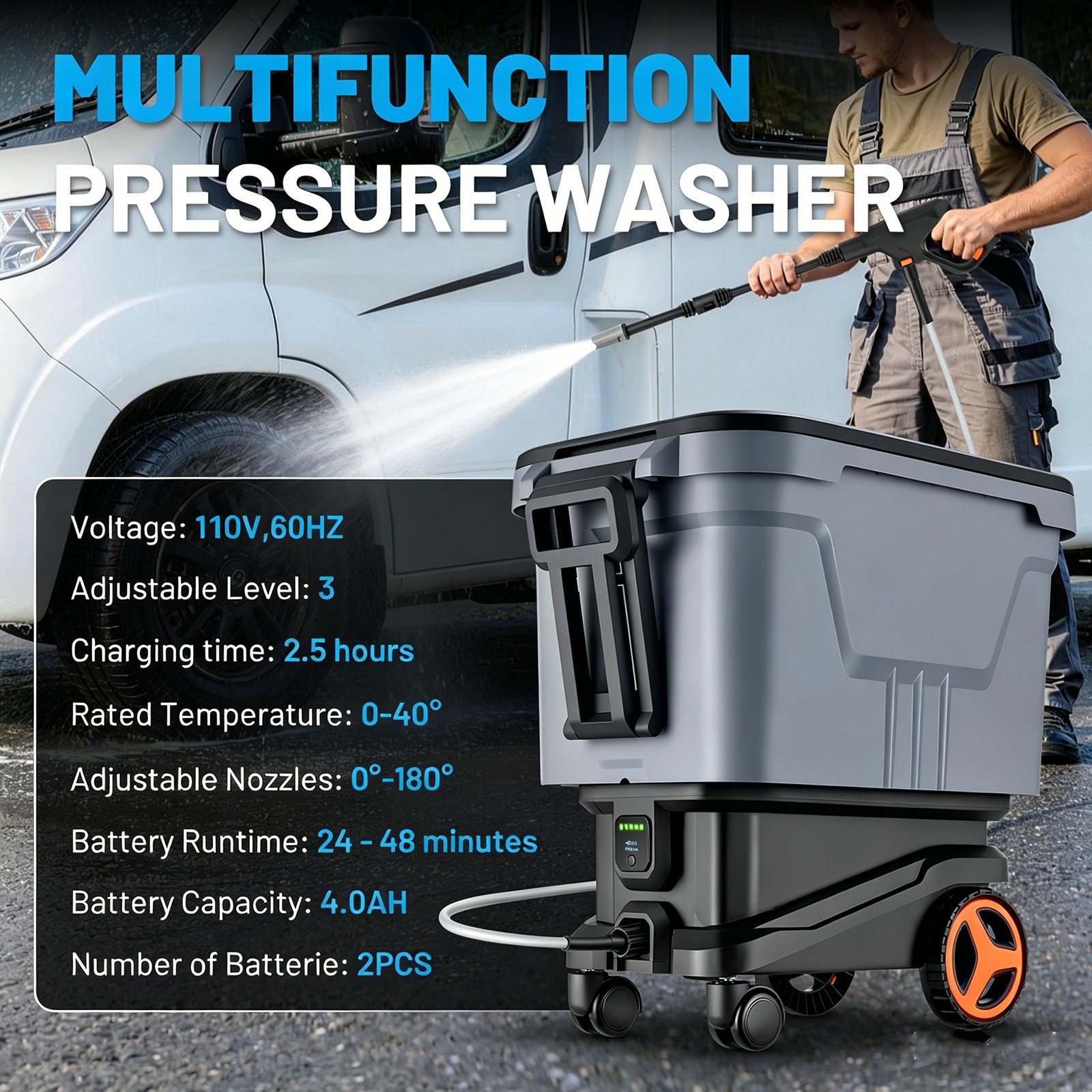 Portable High Pressure Washer Cordless 2000 PSI 1.1 GPM 21V Mobile on Wheels