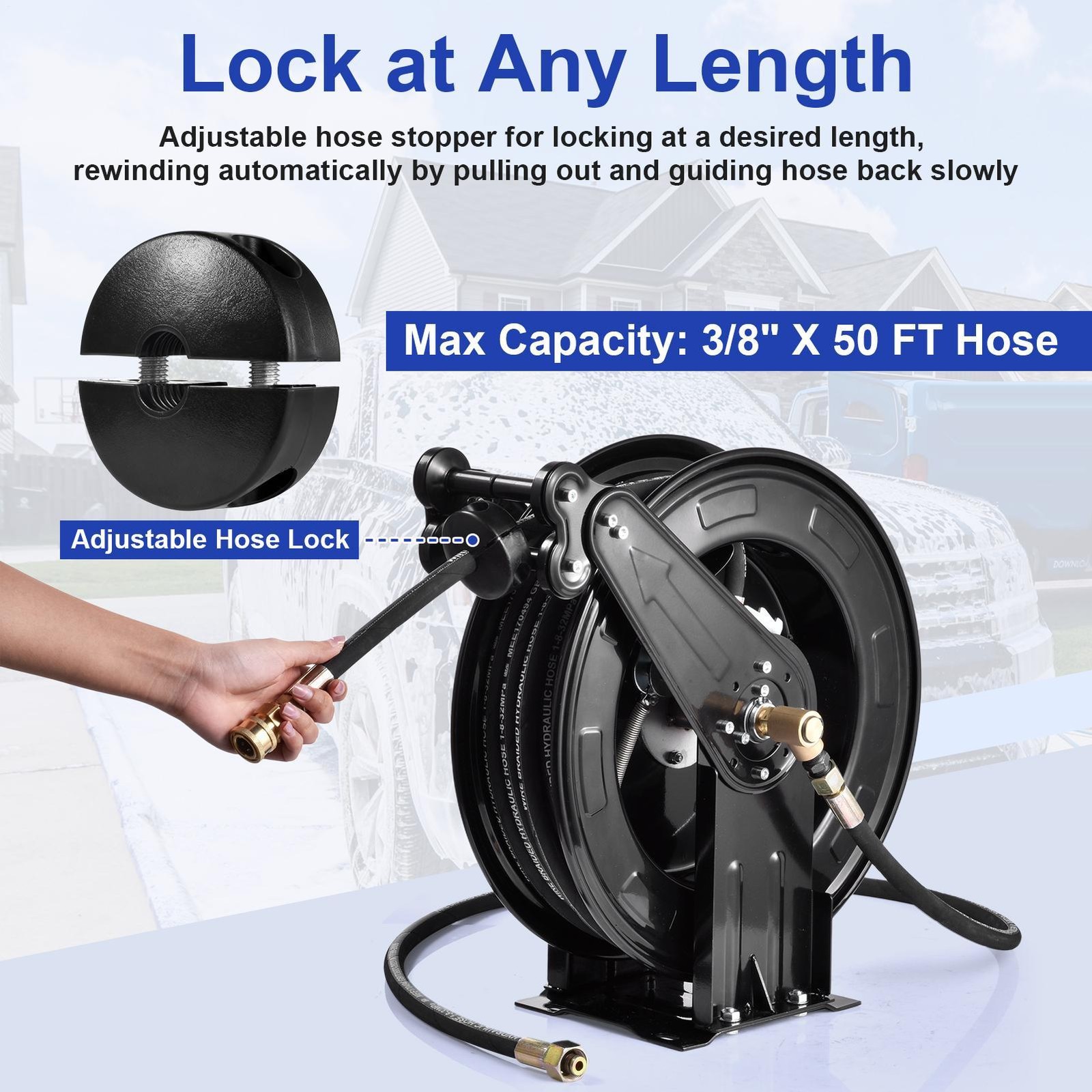 Retractable Pressure Washer Hose Reel 3/8″ x 50 ft Auto-Rewinding w/ 50ft Hose