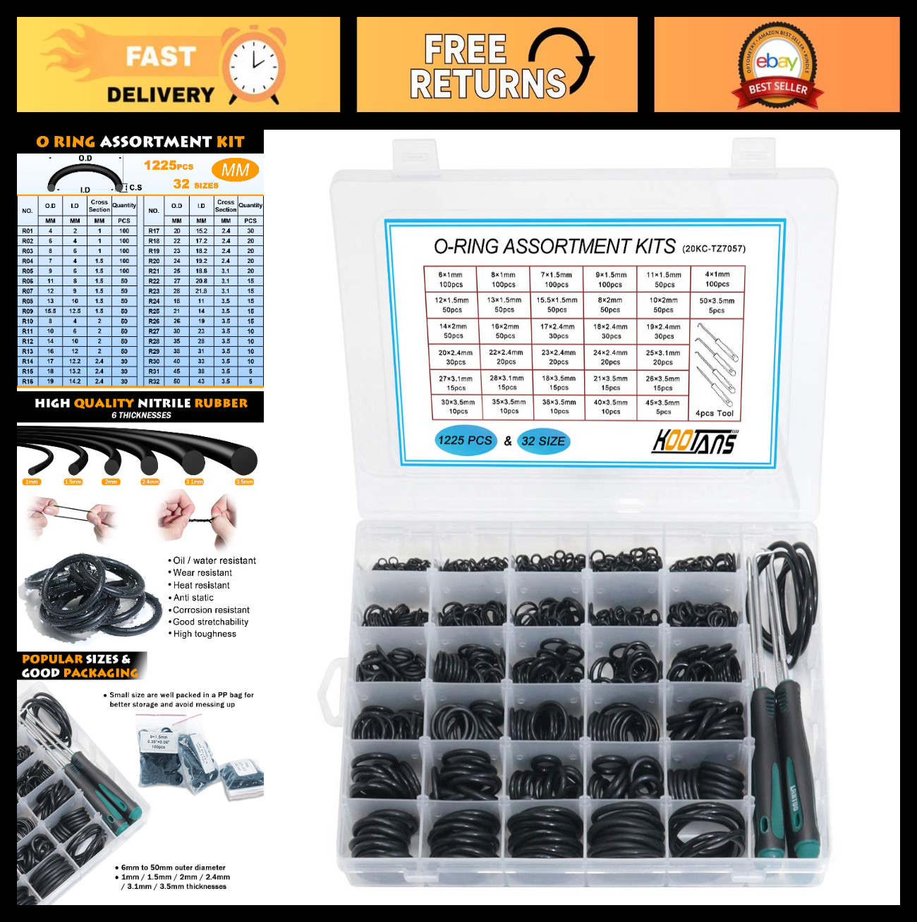 32 Size 1225Pcs Nitrile Rubber O-Ring Assortment Kit + 4 O-Ring Removers, Oil Re